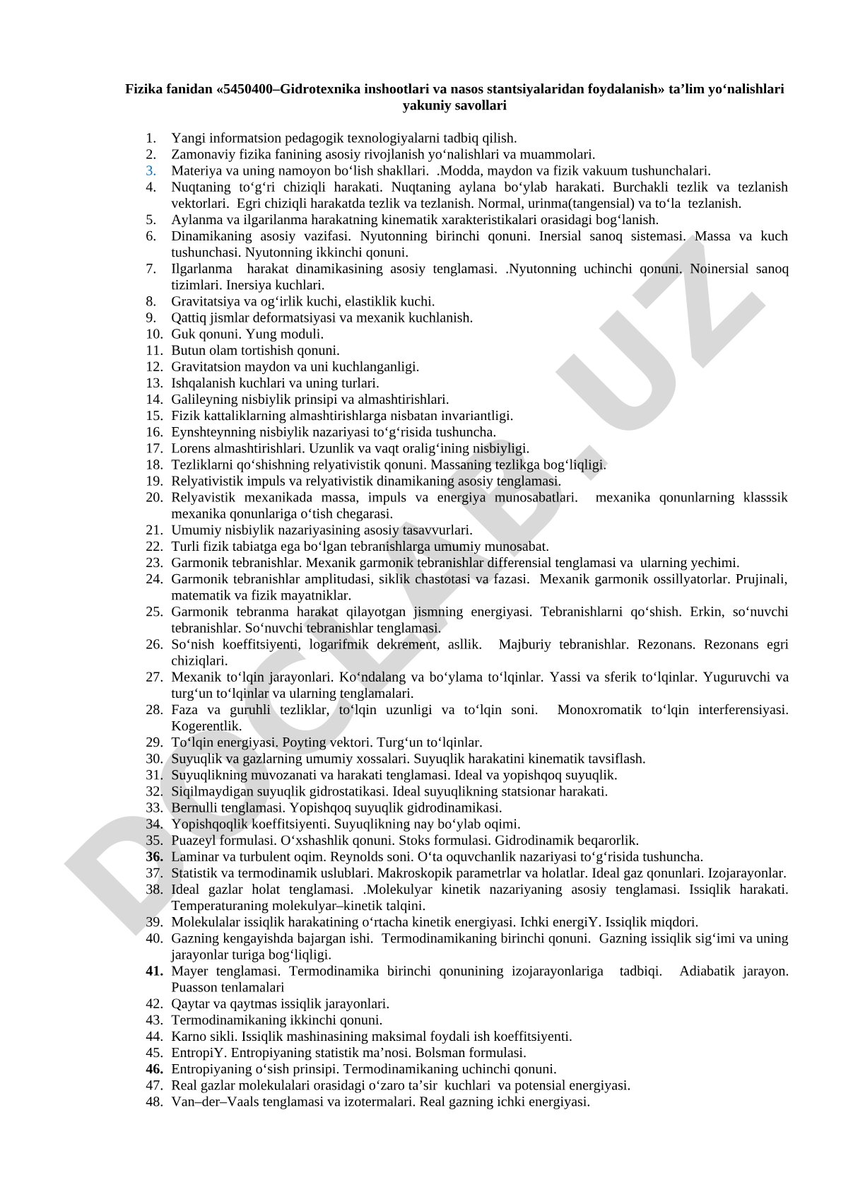 Fizika fanidan gidrotexnika inshootlari yo'nalishi yakuniy savollari