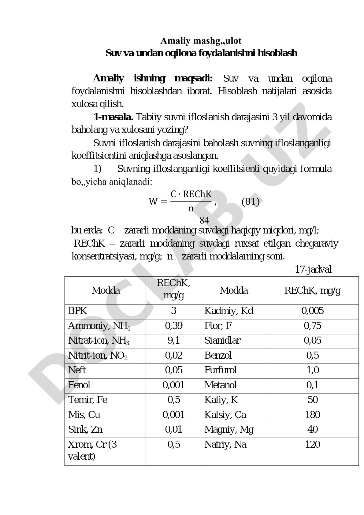 Suv va undan oqilona foydalanishni hisoblash