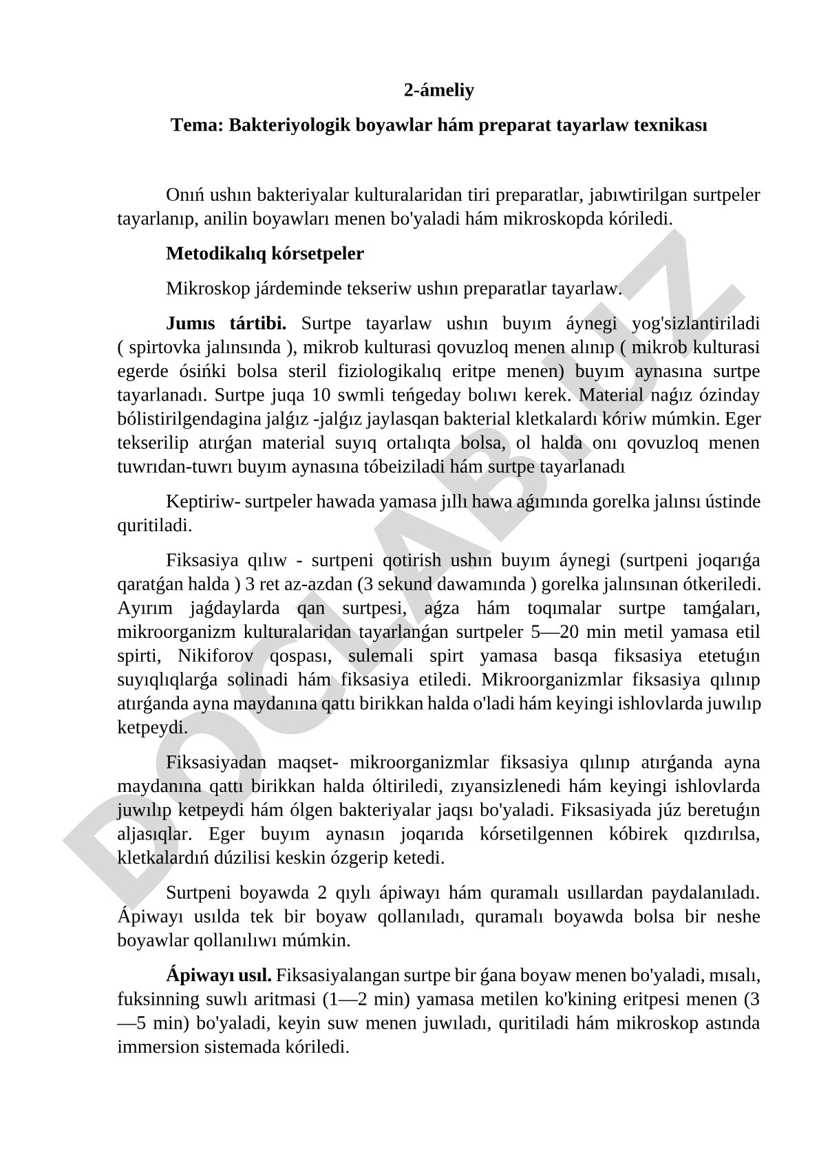 Bakteriyologik boyawlar hám preparat tayarlaw texnikası
