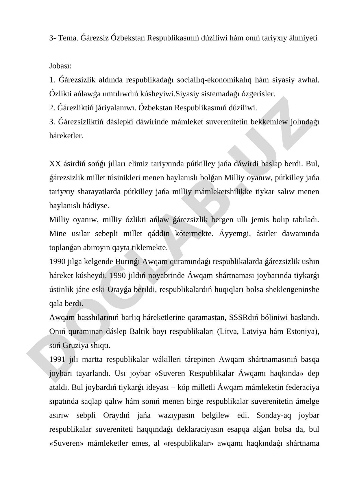 Ǵárezsiz Ózbekstan Respublikasınıń dúziliwi hám onıń tariyxıy áhmiyeti