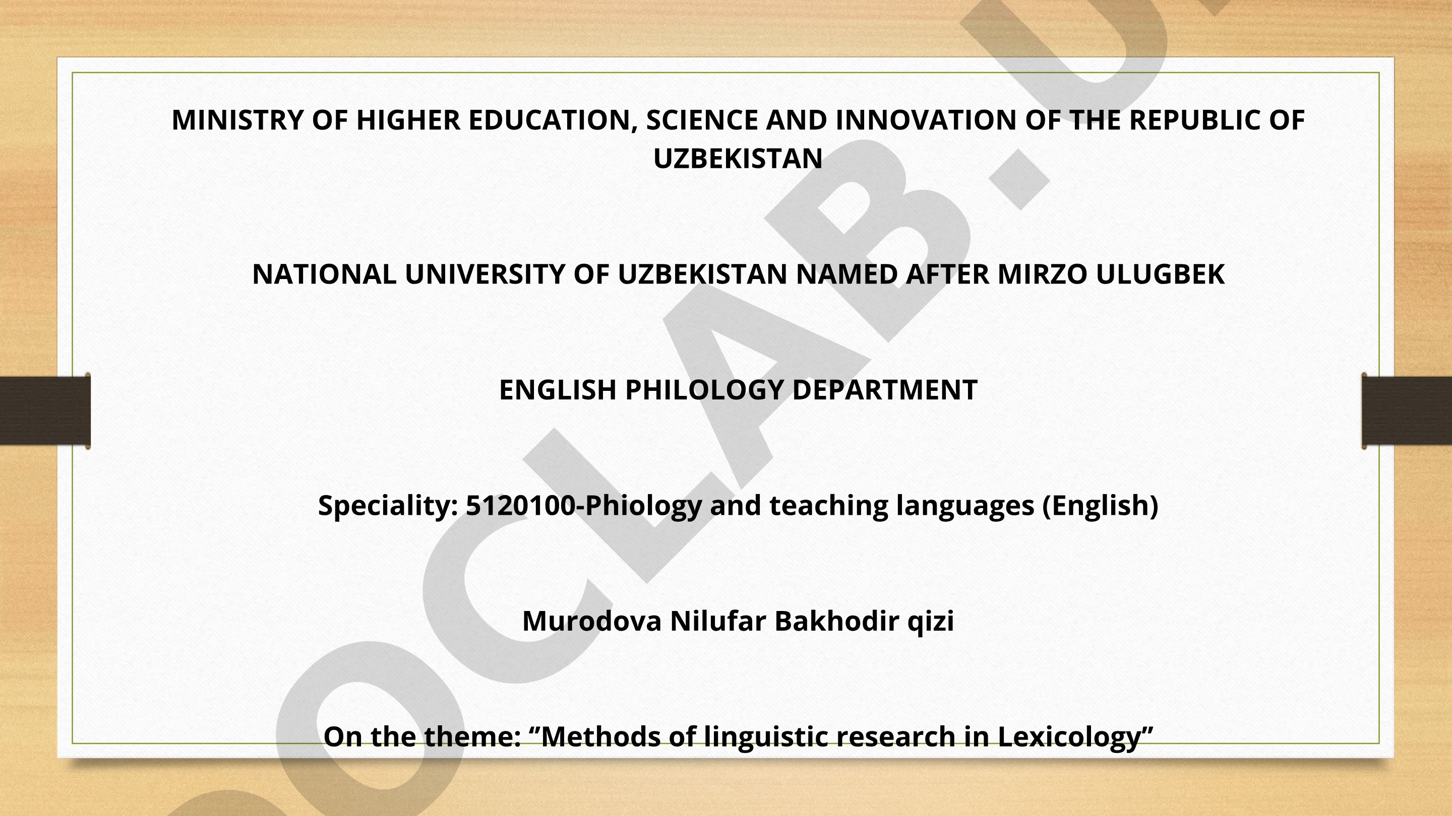 Methods of linguistic research in Lexicology