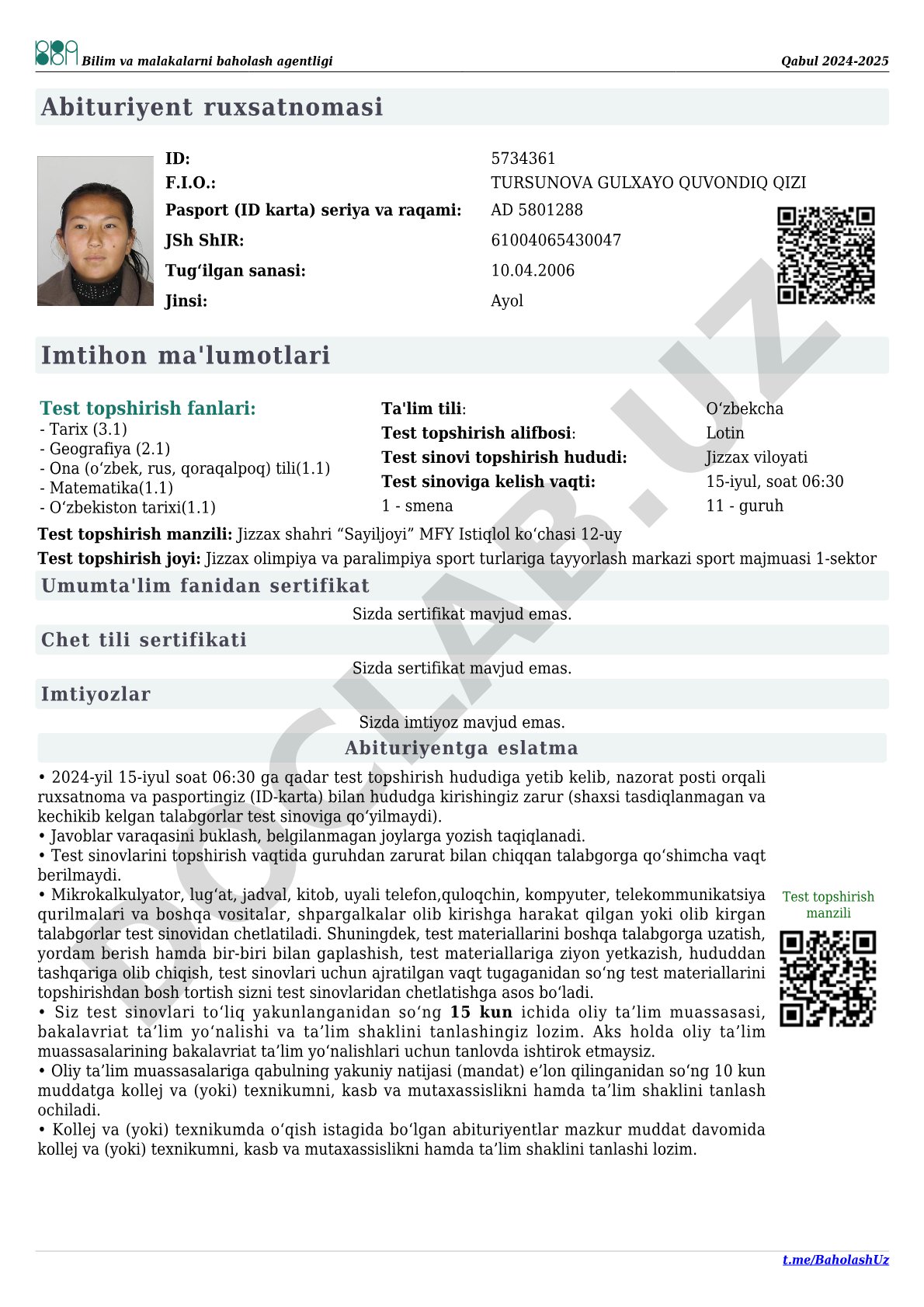 2024-2025 Abituriyent test ruxsatnomasi