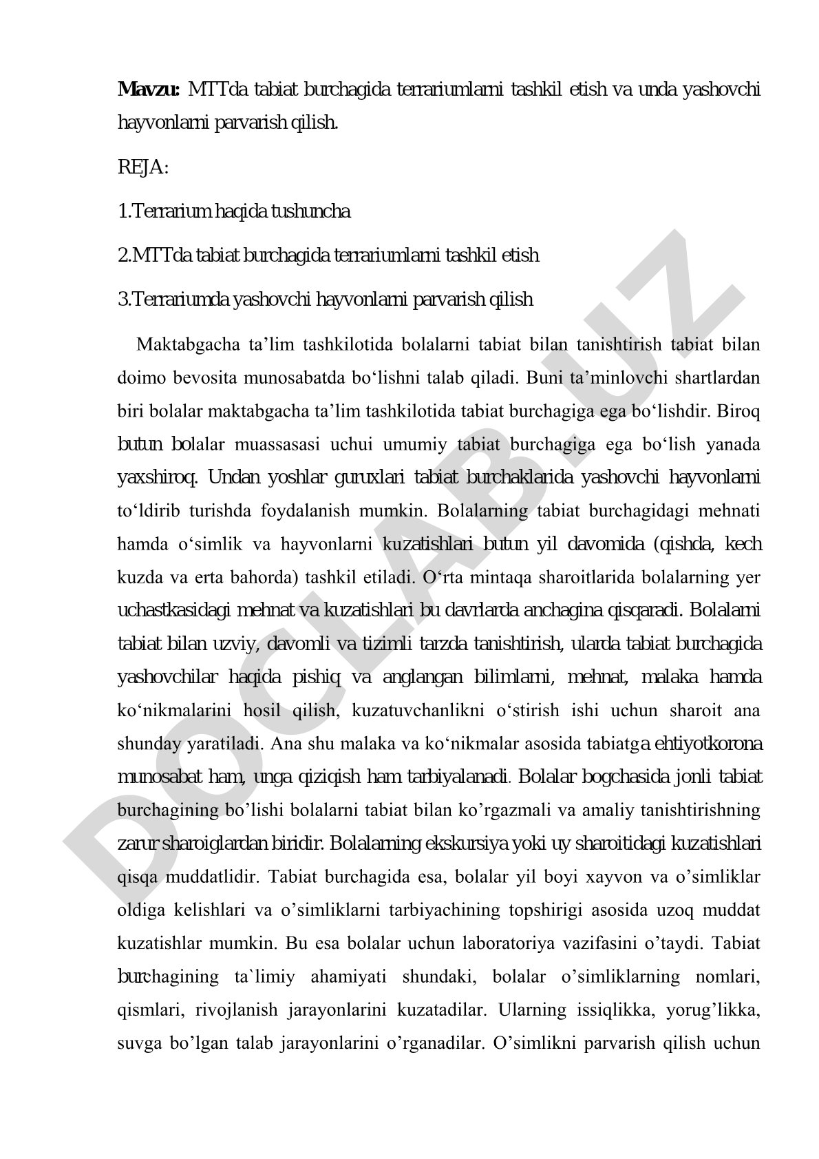 MTTda tabiat burchagida terrariumlarni tashkil etish va unda yashovchi hayvonlarni parvarish qilish