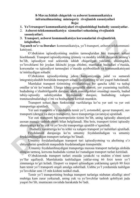 Ishlab chiqarish va axborot kommunikatsiya infratuzilmasining mintaqaviy rivojlanish xususiyatlari