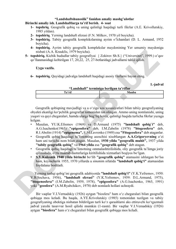 Landshaftshunoslik fanidan amaliy mashg'ulotlar va landshaft ta'riflari