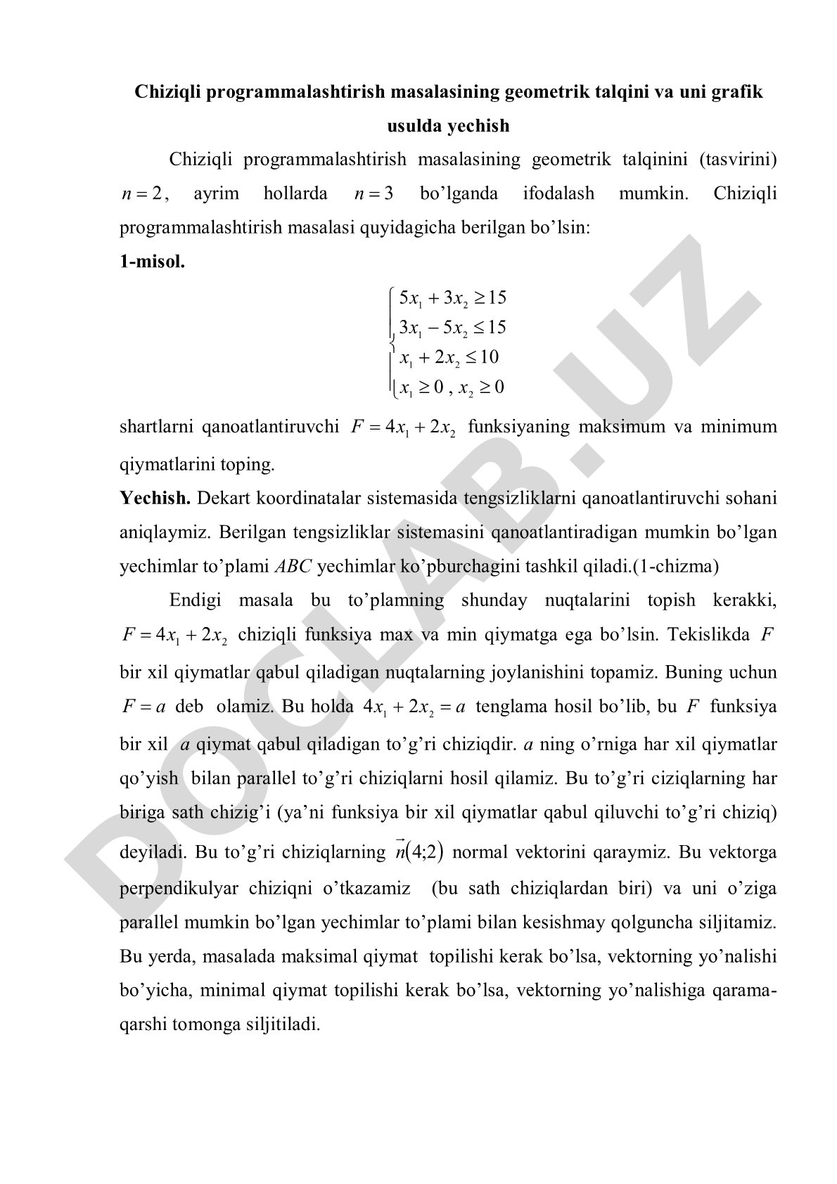 Chiziqli programmalashtirish masalasining geometrik talqini va grafik usulda yechish
