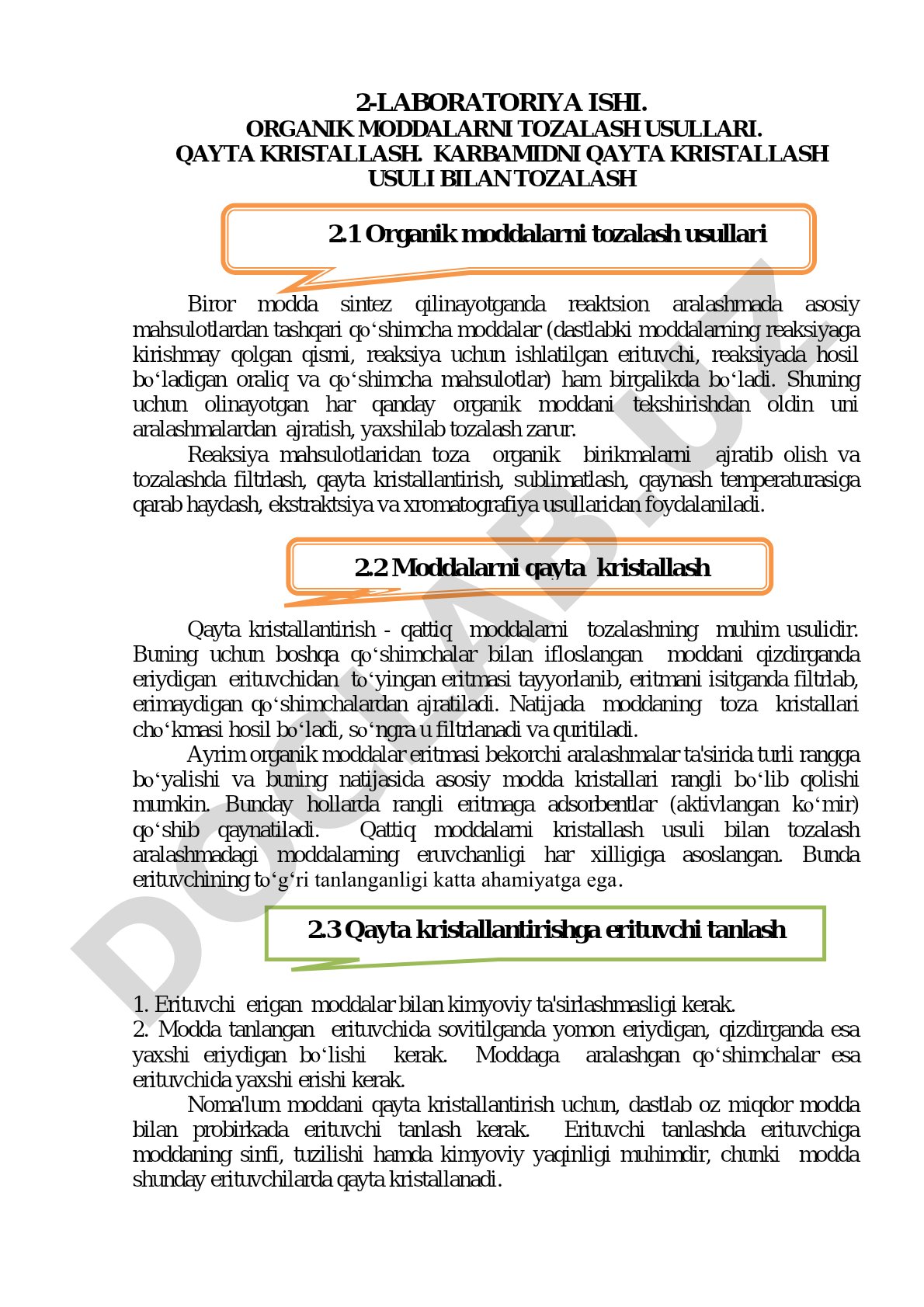 ORGANIK MODDALARNI TOZALASH USULLARI