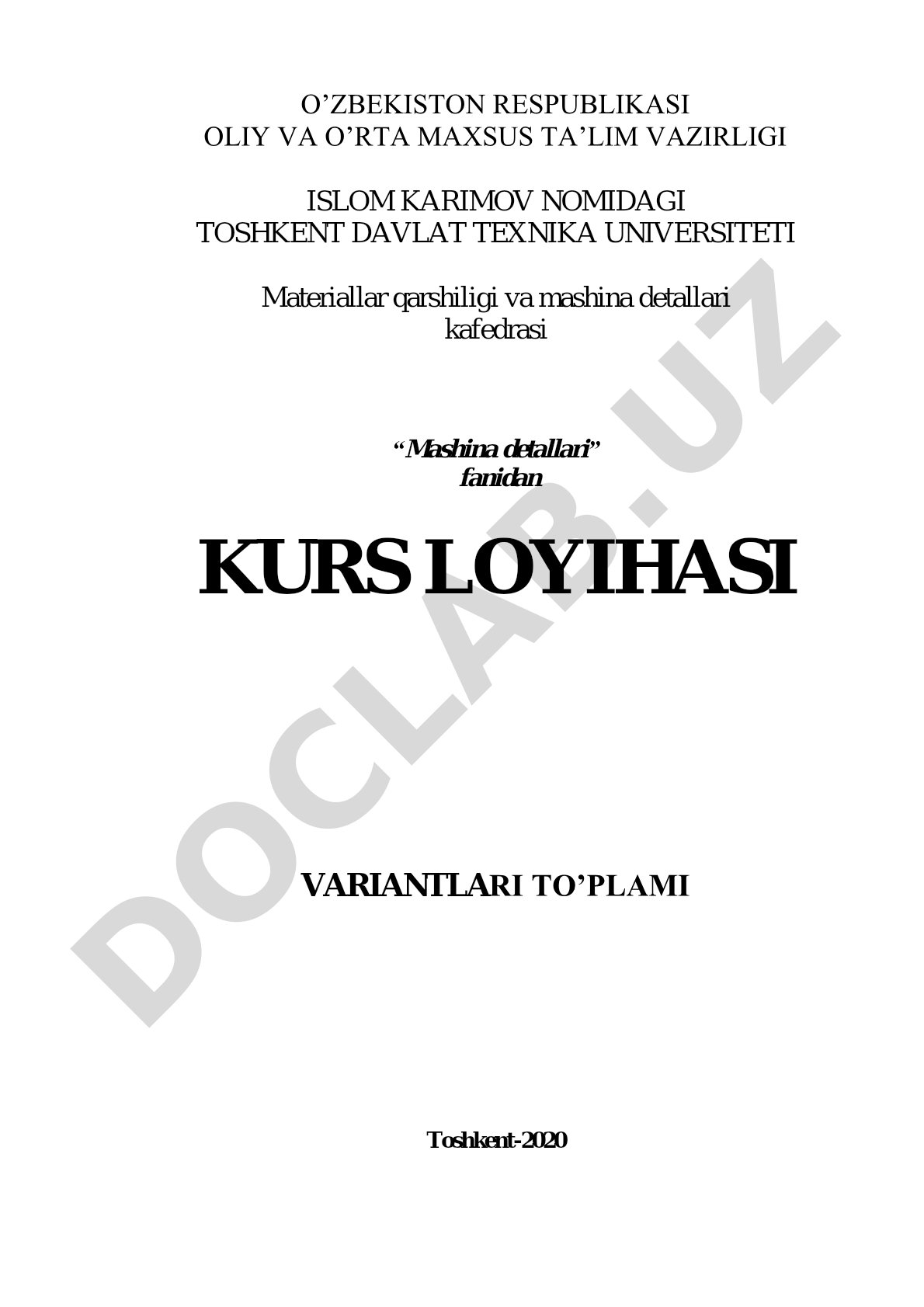 Mashina detallari fanidan kurs loyihasi variantlari to'plami