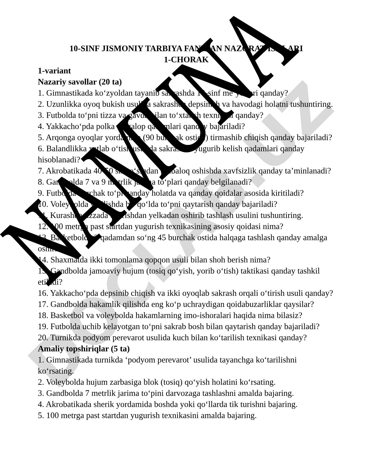 10-sinf jismoniy tarbiya fanidan nazorat ishlari 1-chorak 1-variant