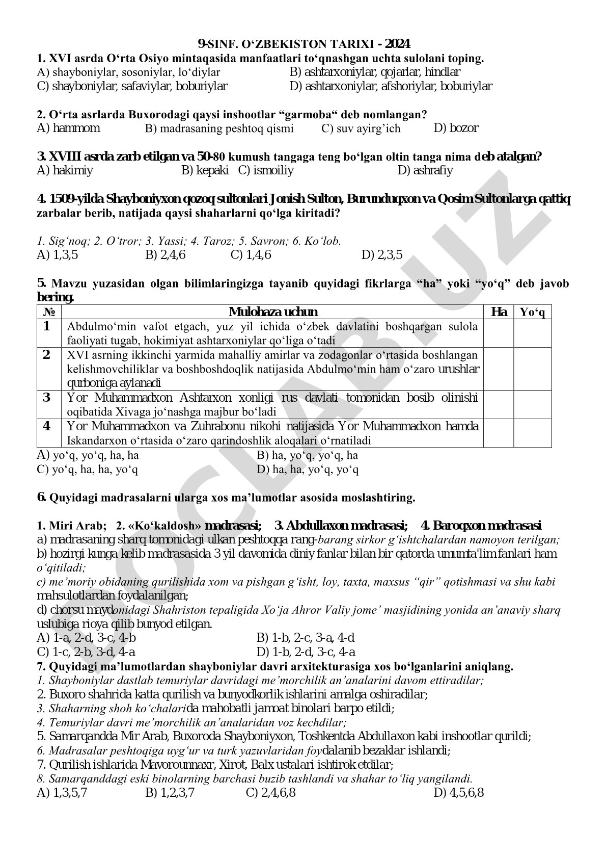 9-sinf O'zbekiston tarixi testi (2024)