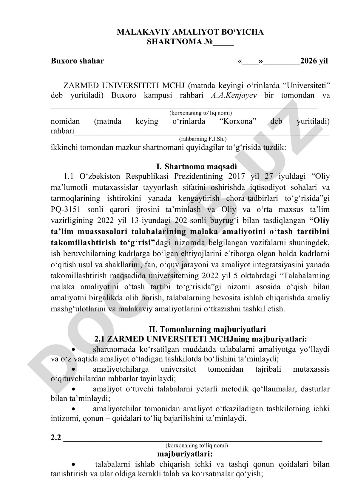 Malakaviy amaliyot bo‘yicha shartnoma