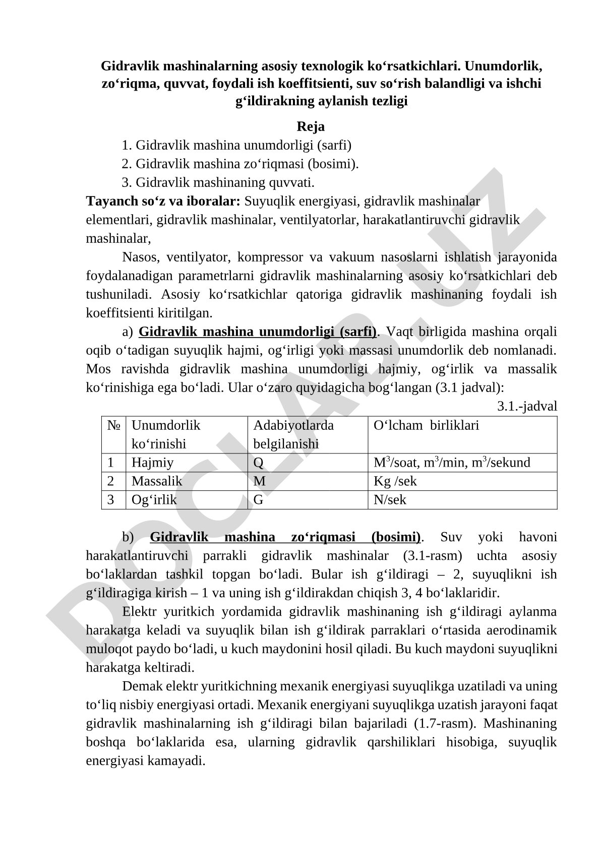 Gidravlik mashinalarning asosiy texnologik ko'rsatkichlari
