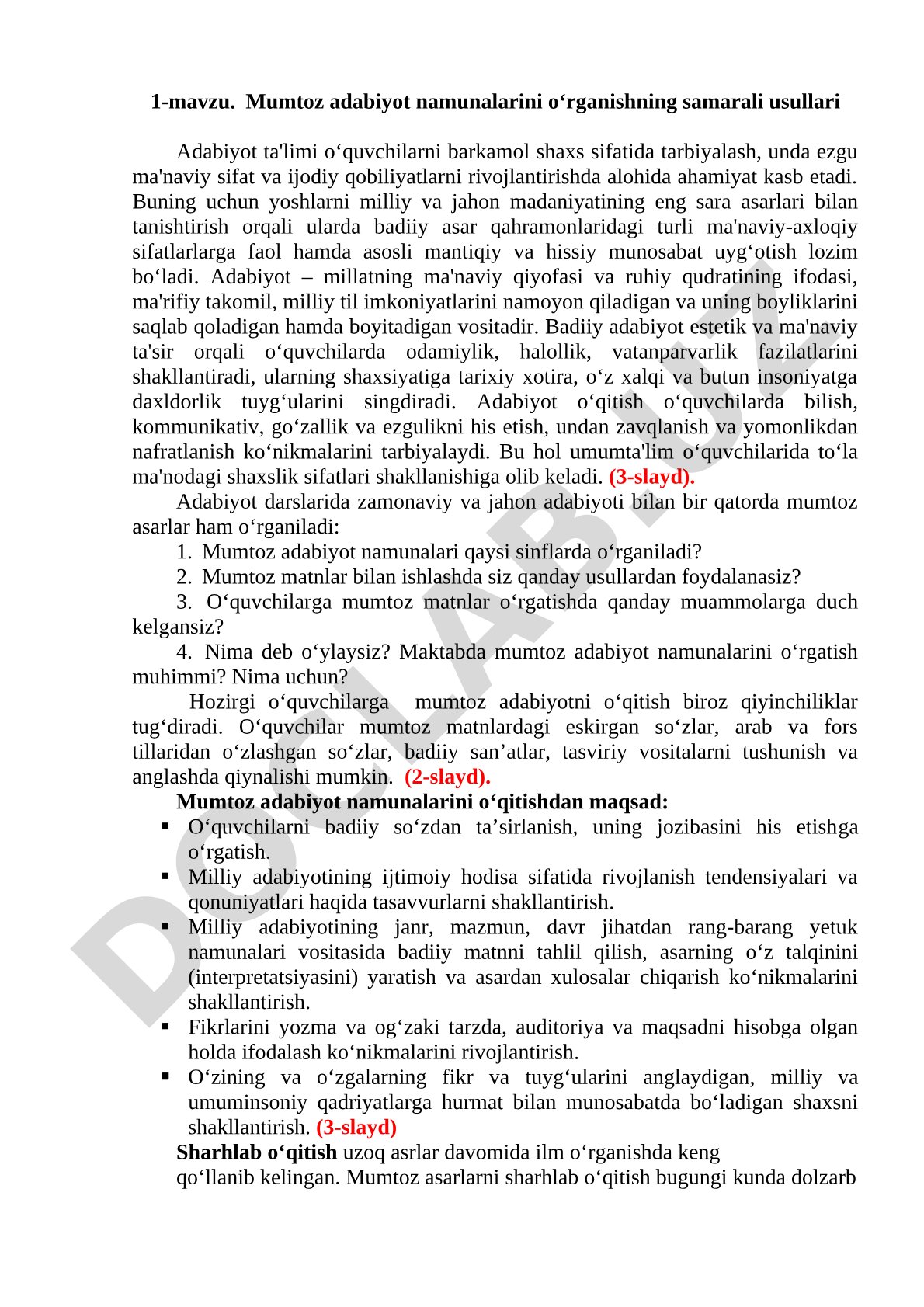 Mumtoz adabiyot namunalarini o‘rganishning samarali usullari