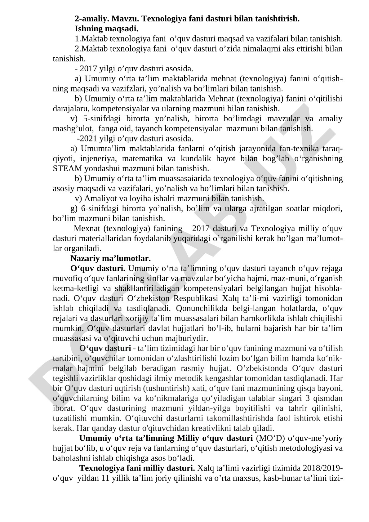 Texnologiya fani dasturi bilan tanishtirish