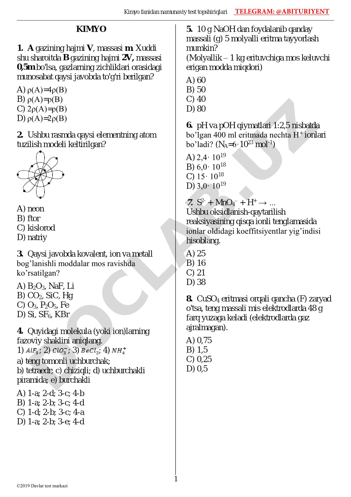 Kimyo fanidan namunaviy test topshiriqlari 1