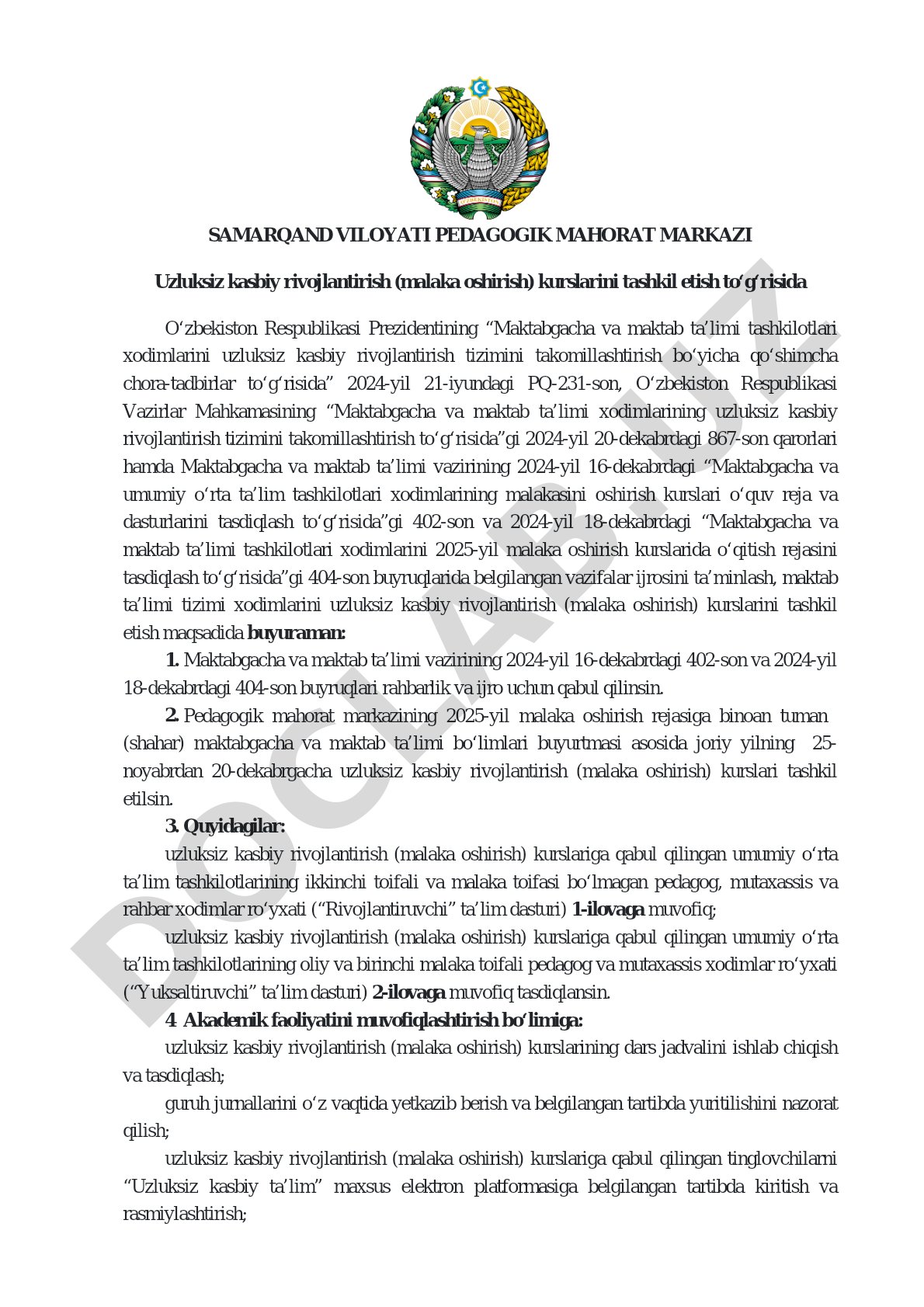 Uzluksiz kasbiy rivojlantirish (malaka oshirish) kurslarini tashkil etish to‘g‘risida