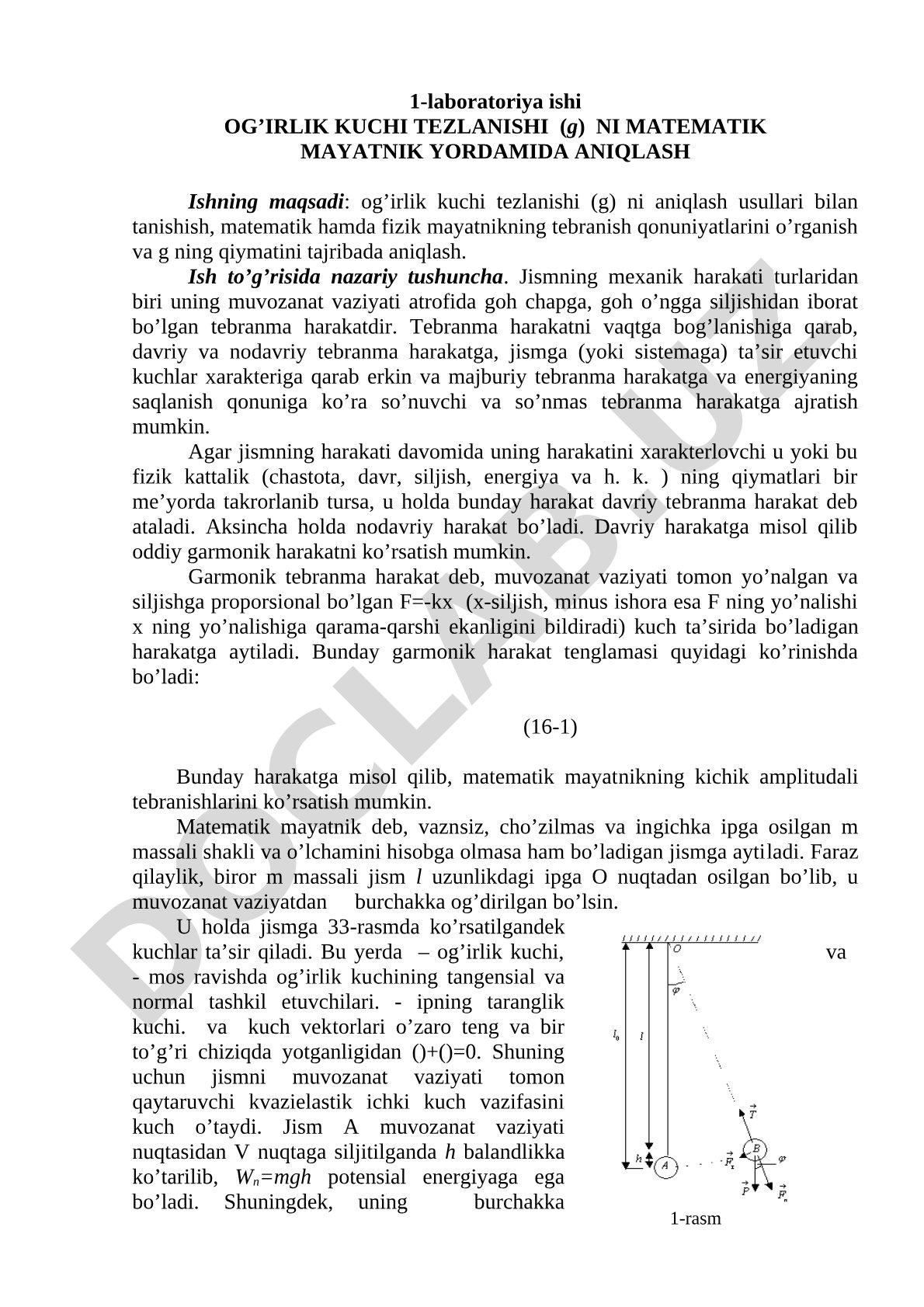 Og’irlik kuchi tezlanishi (g) ni Matematik mayatnik yordamida aniqlash