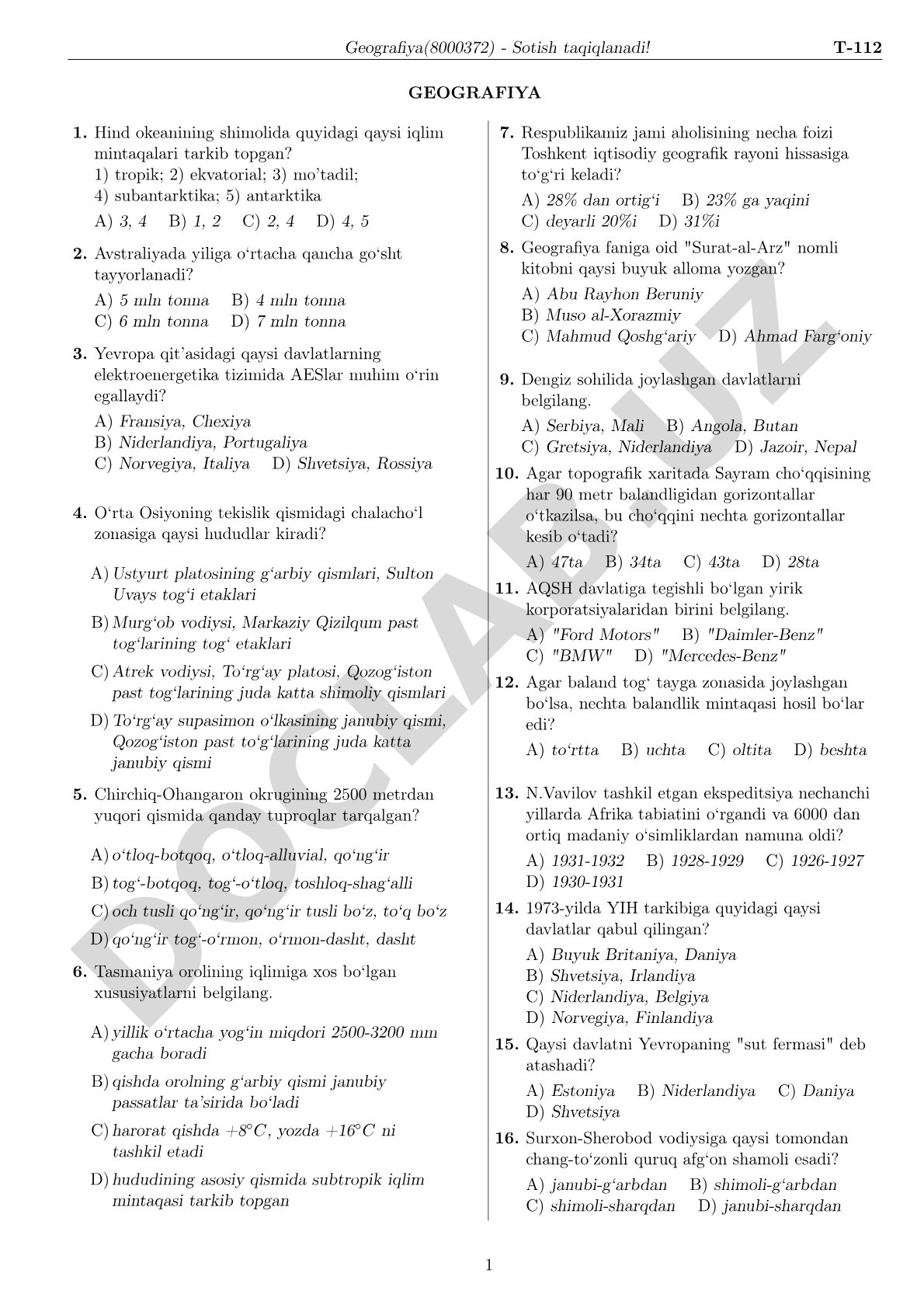 Geografiya test savollari
