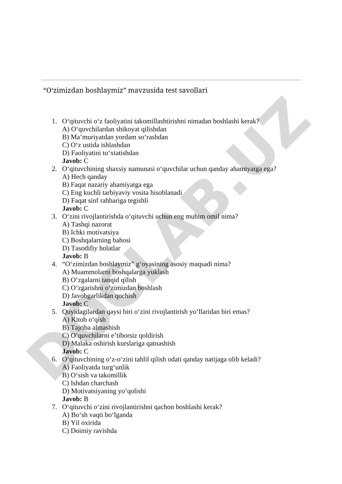 “O‘zimizdan boshlaymiz” mavzusida test savollari