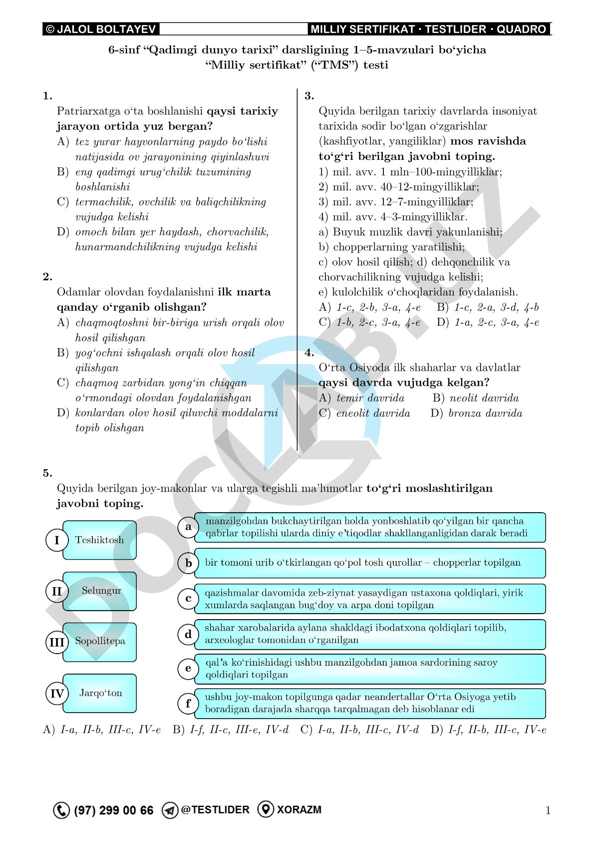 Qadimgi dunyo tarixi 1-5 mavzular bo'yicha test