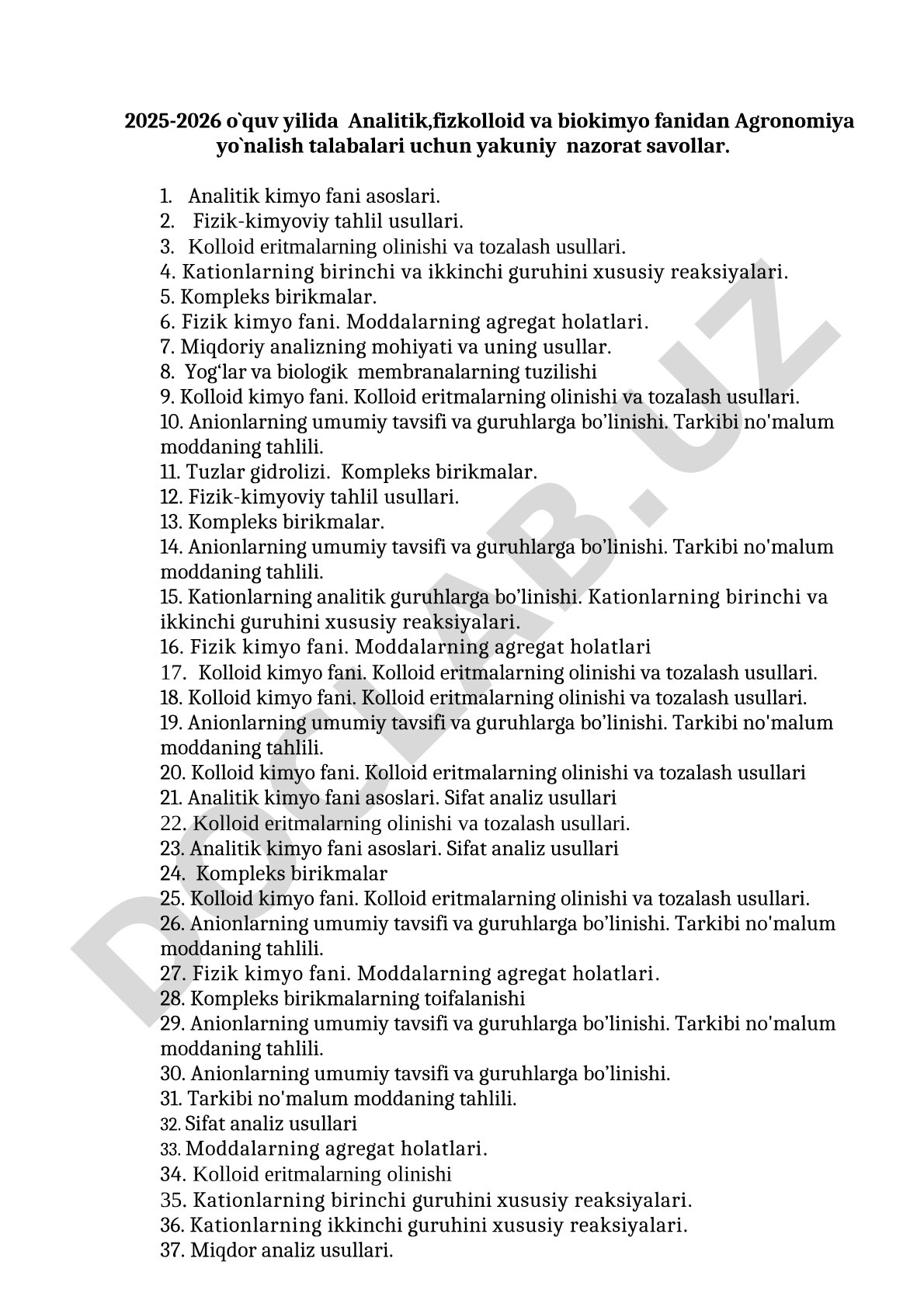 Analitik, fizik-kolloid va biokimyo fanidan yakuniy nazorat savollari