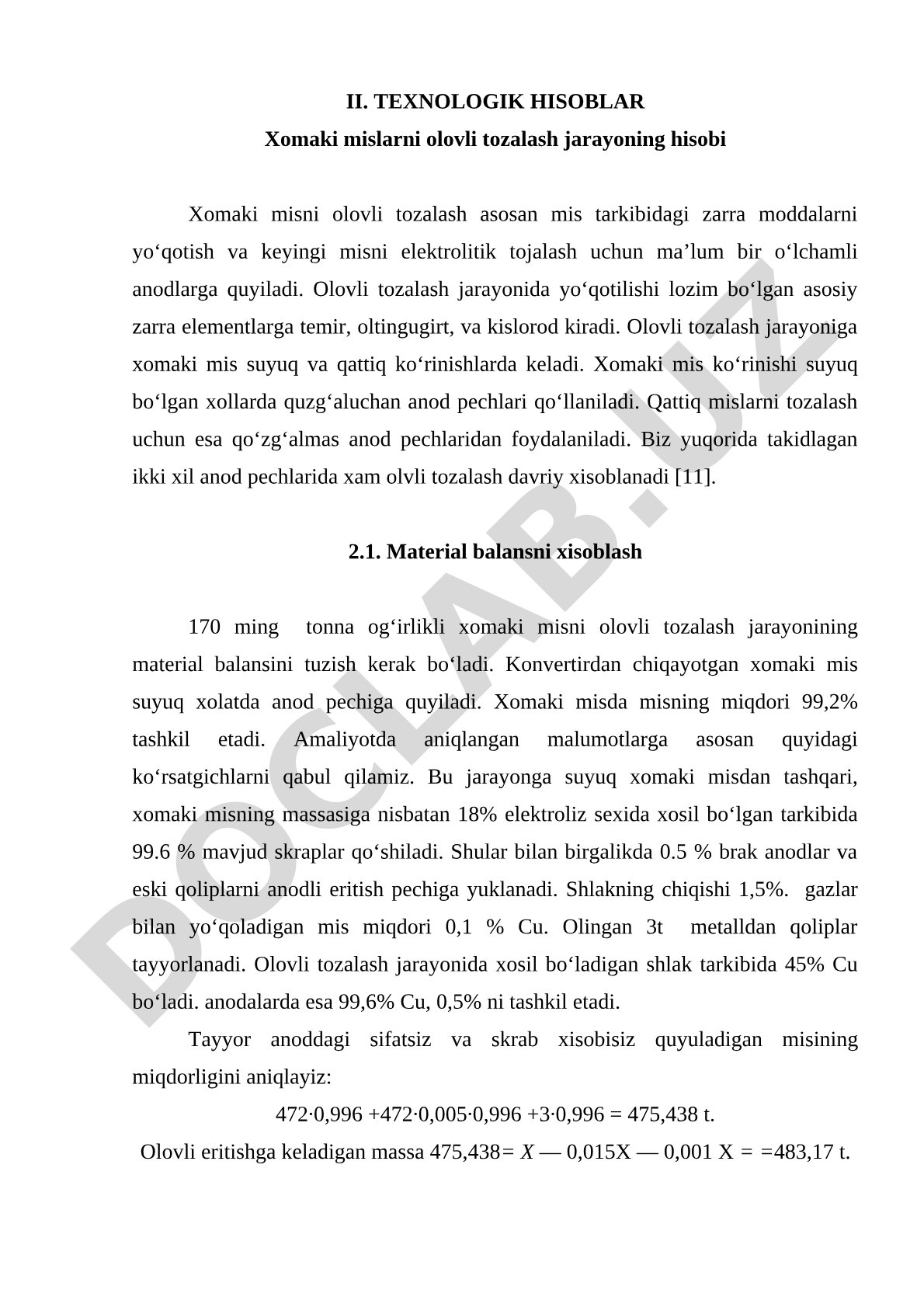 Xomaki misni olovli tozalash jarayonining material balansi hisobi