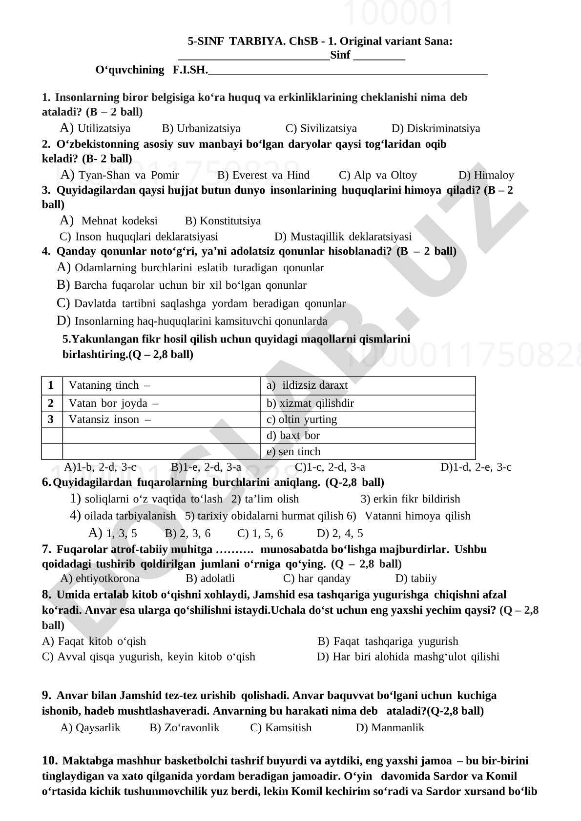 5-sinf Tarbiya fanidan test savollari