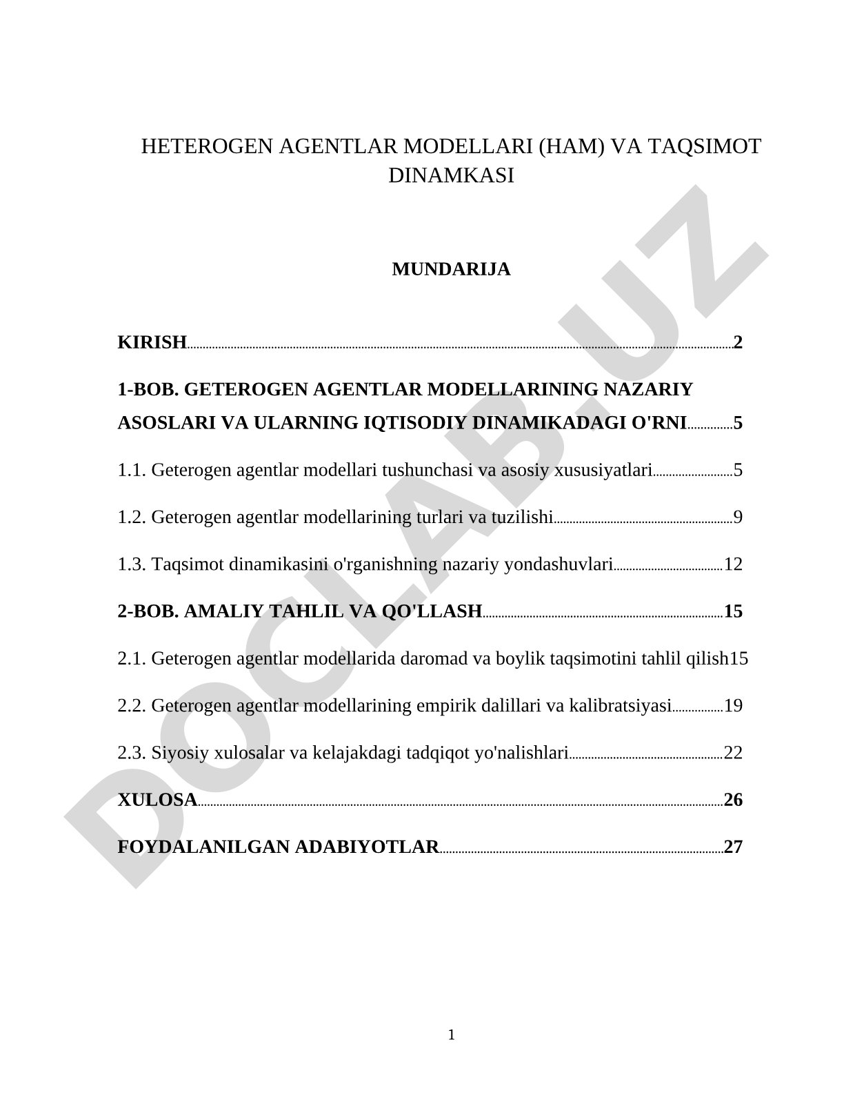 Heterogen agentlar modellari (HAM) va taqsimot dinamkasi