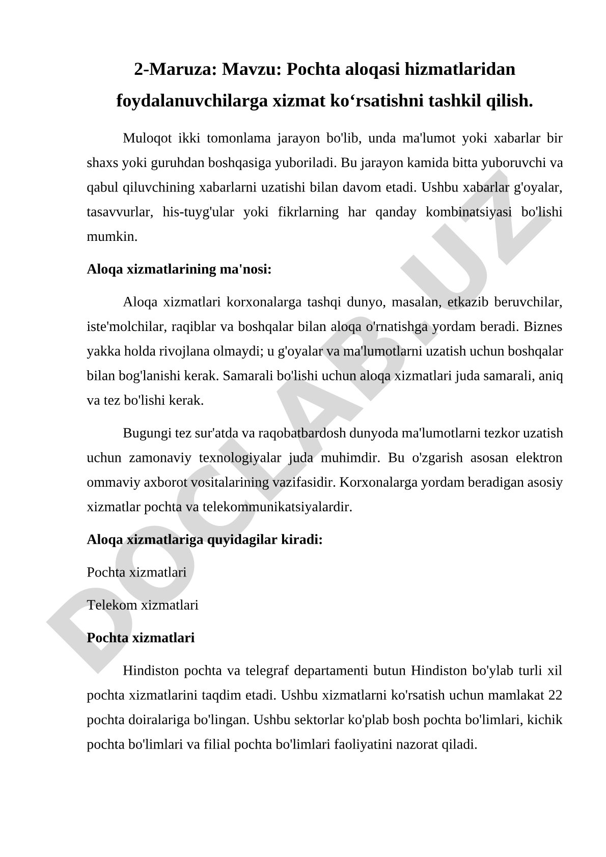 Pochta aloqasi hizmatlaridan foydalanuvchilarga xizmat ko‘rsatishni tashkil qilish