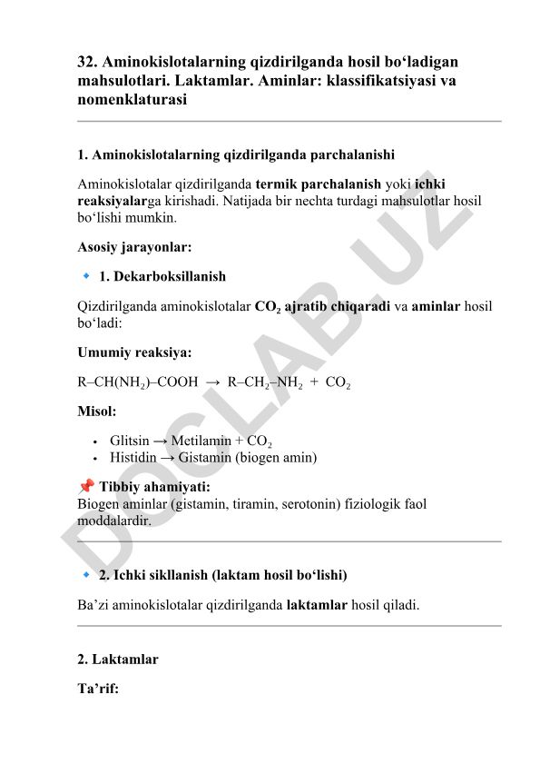 Aminokislotalarning qizdirilganda hosil bo'ladigan mahsulotlari va aminlar