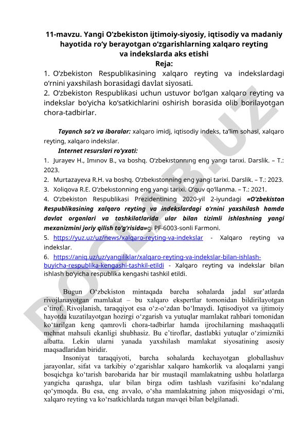 Yangi O‘zbekistonning xalqaro reyting va indekslarda aks etishi