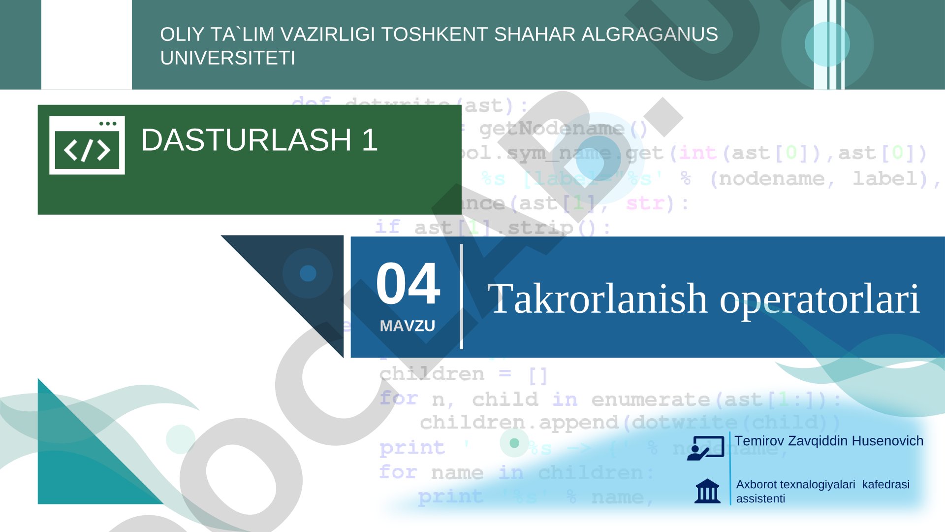 For, while va do while operatorlari yordamida takrorlanishlarni tashkil qilish