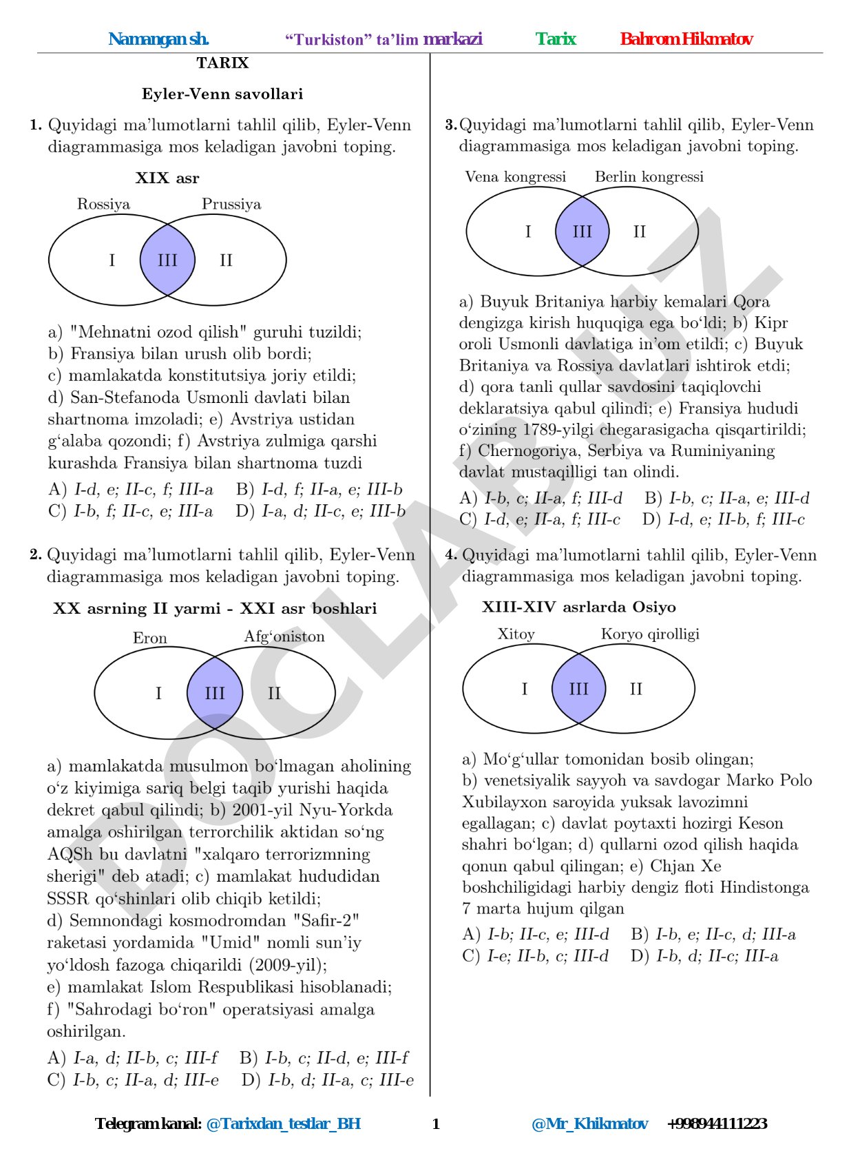 Tarix Eyler-Venn savollari
