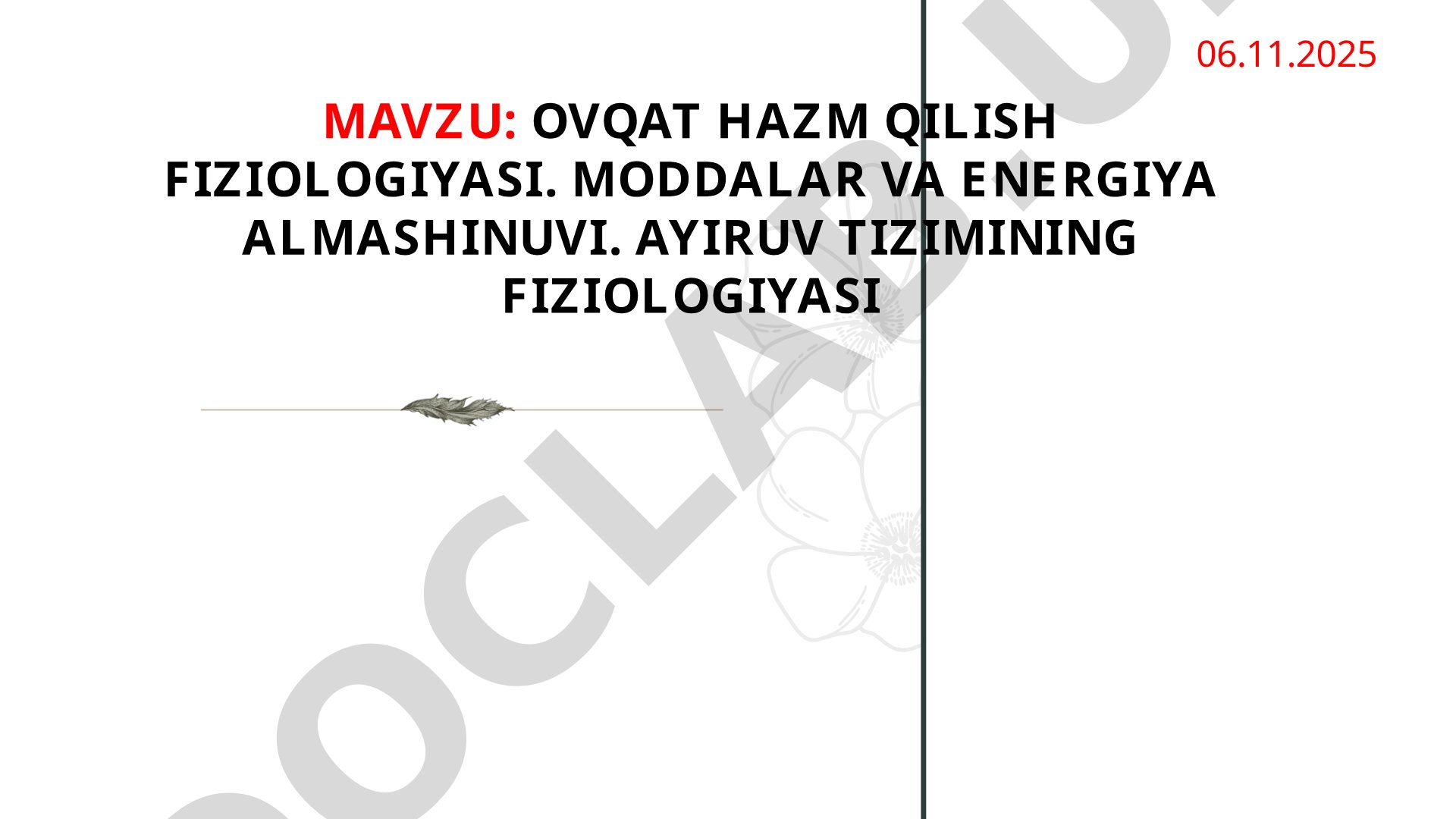 Ovqat hazm qilish fiziologiyasi. Moddalar va energiya almashinuvi. Ayiruv tizimining fiziologiyasi