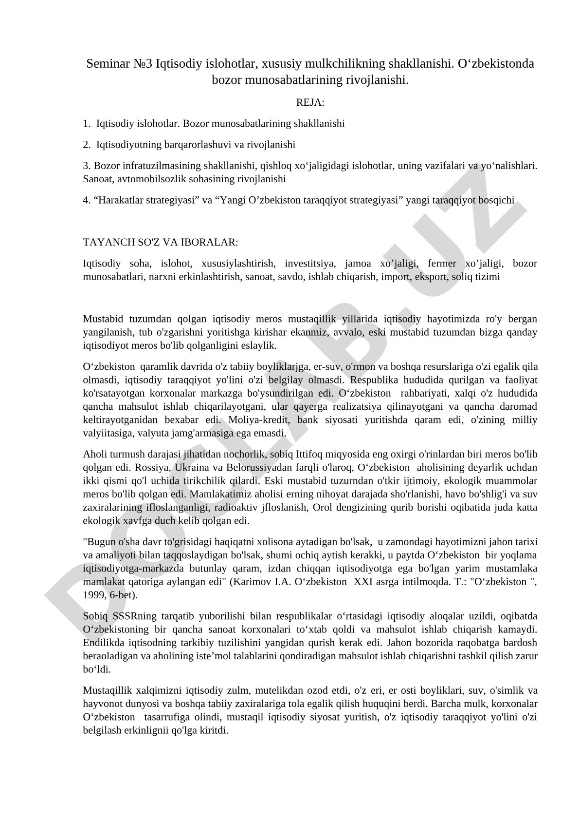 Iqtisodiy islohotlar, xususiy mulkchilikning shakllanishi. O‘zbekistonda bozor munosabatlarining rivojlanishi.