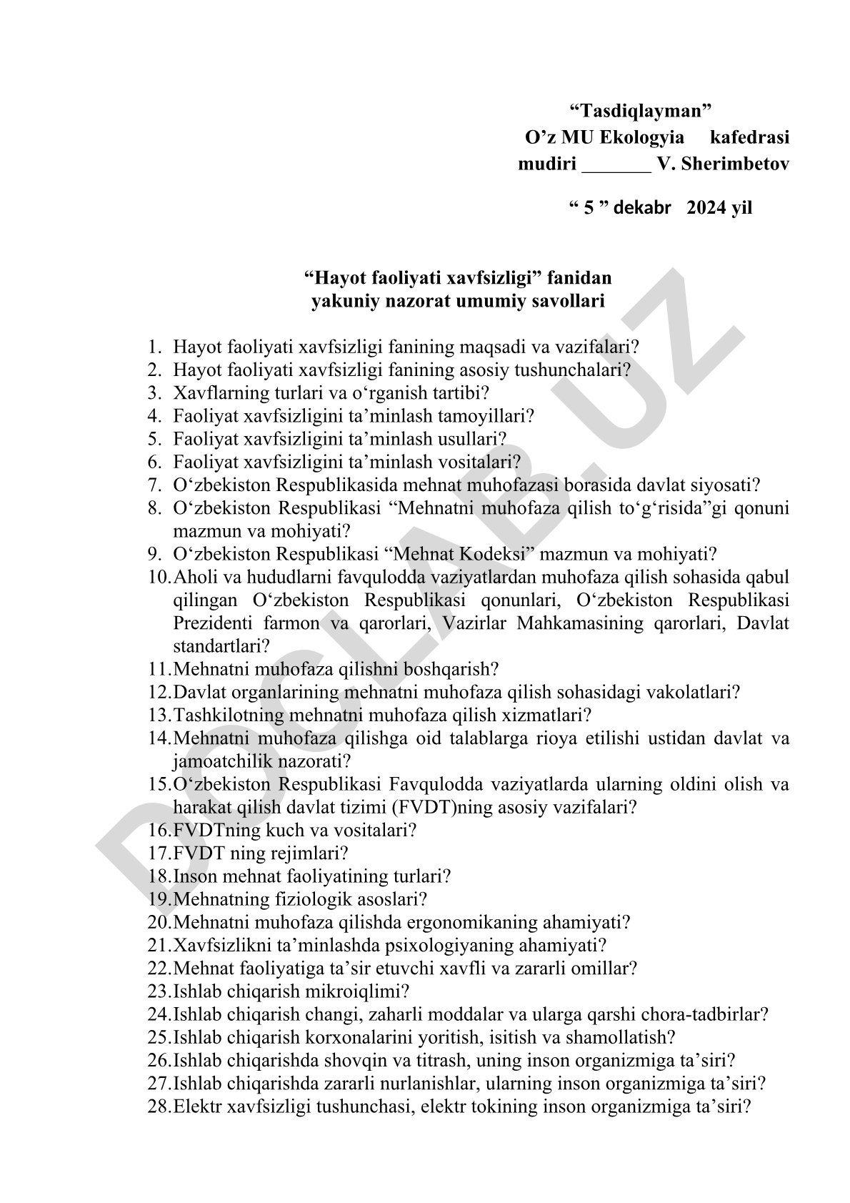 Hayot faoliyati xavfsizligi fanidan yakuniy nazorat umumiy savollari