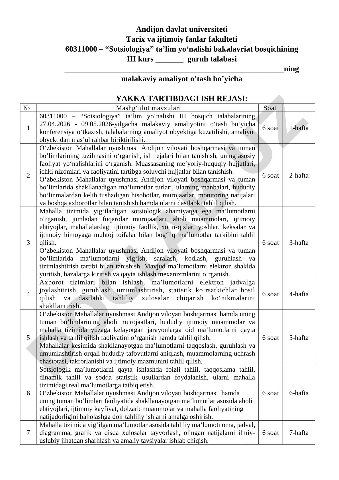 Malakaviy amaliyot o’tash bo’yicha yakka tartibdagi ish rejasi