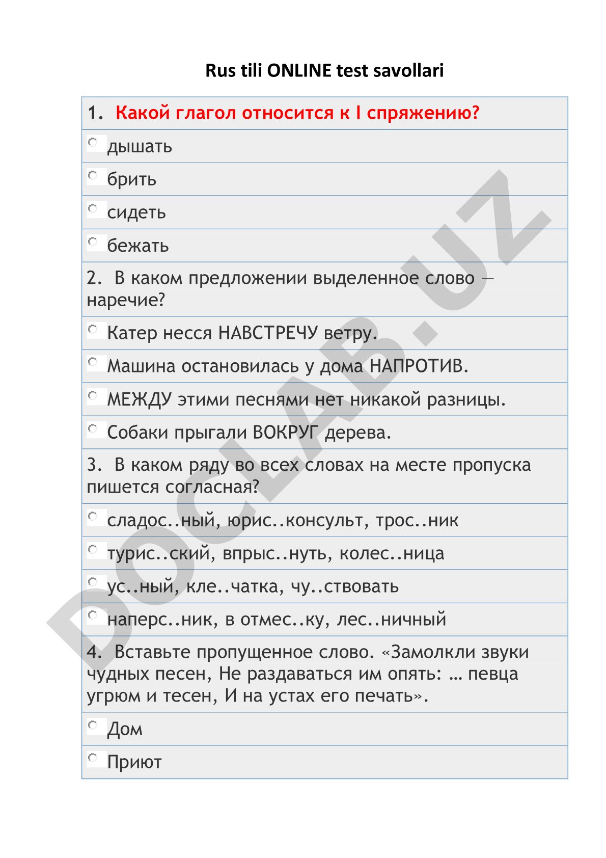 Rus tili ONLINE test savollari