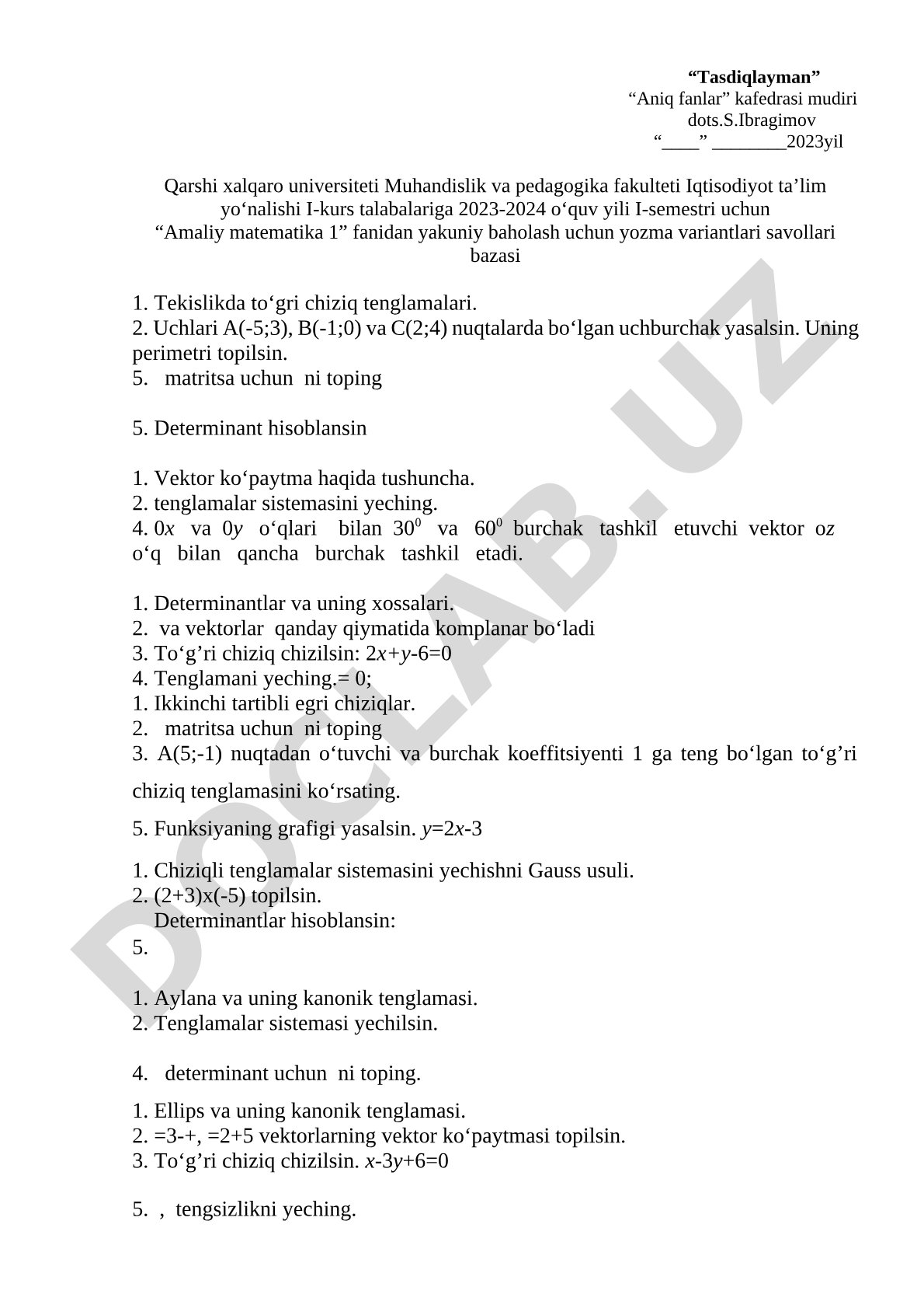 Amaliy matematika 1 fanidan yakuniy baholash savollari bazasi
