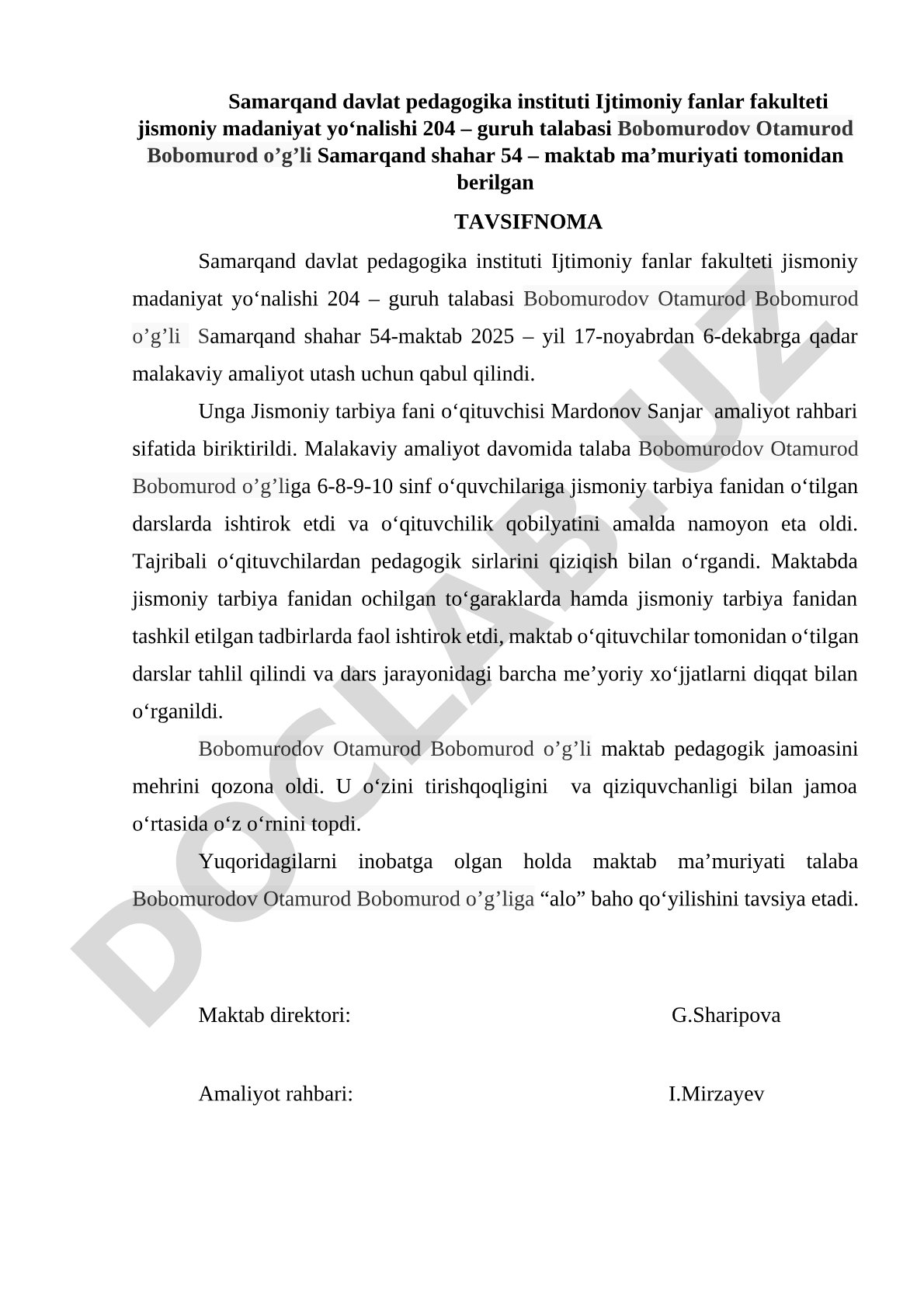 Bobomurodov Otamurod Bobomurod o'g'liga berilgan tavsifnoma