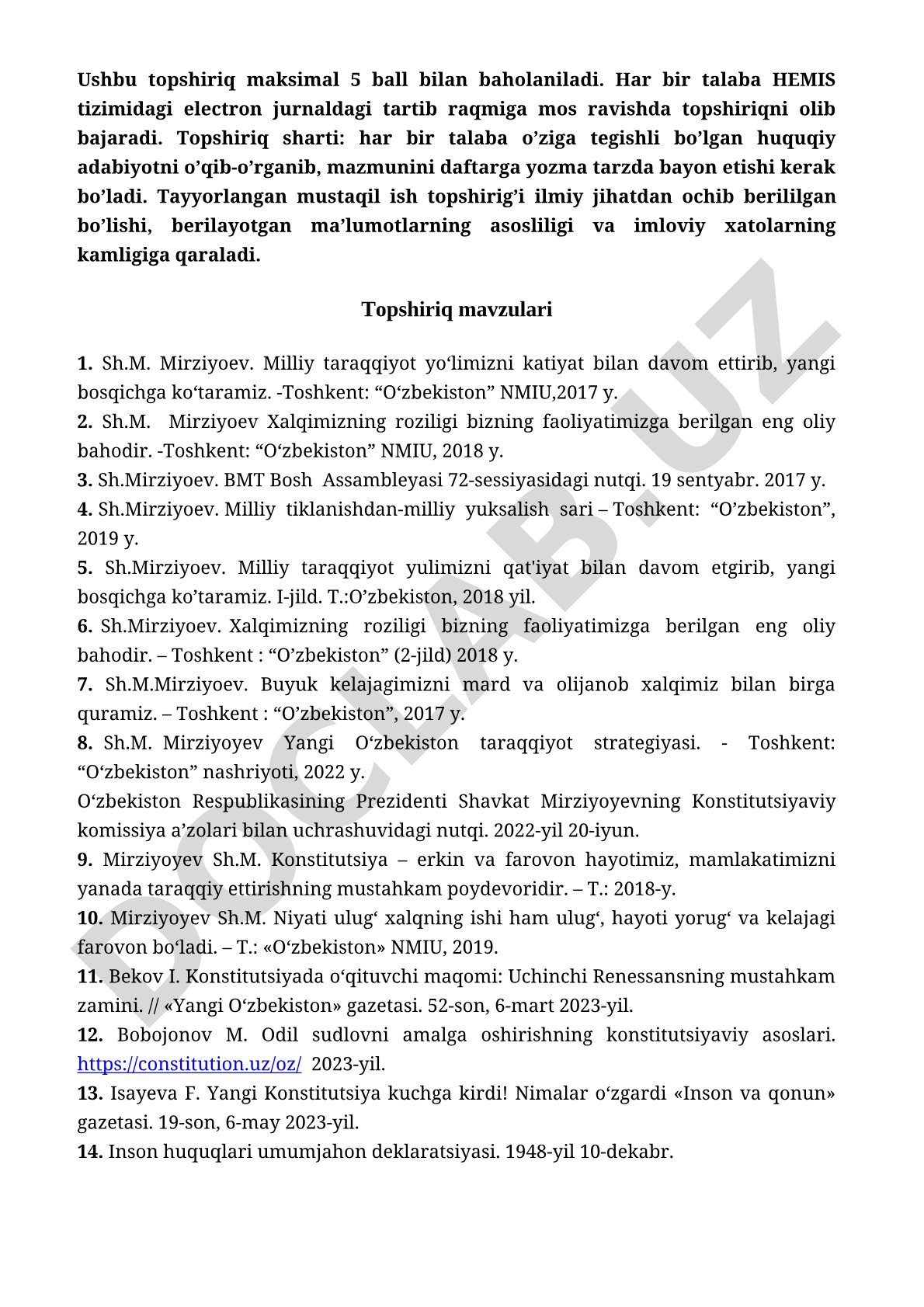 Sh.M. Mirziyoev asarlari bo'yicha mustaqil ish topshiriqlari