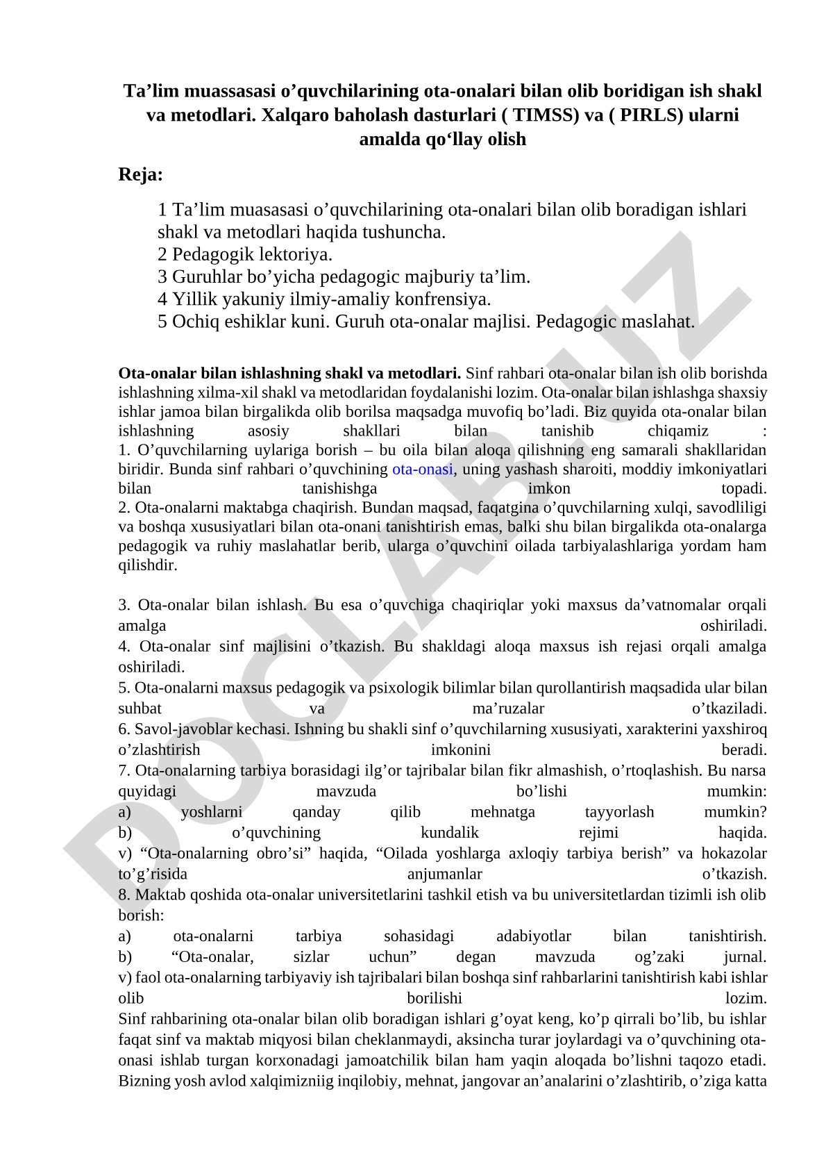 Ta’lim muassasasi o‘quvchilarining ota-onalari bilan olib boridigan ish shakl va metodlari. Xalqaro baholash dasturlari (TIMSS) va (PIRLS) ularni amalda qo‘llay olish