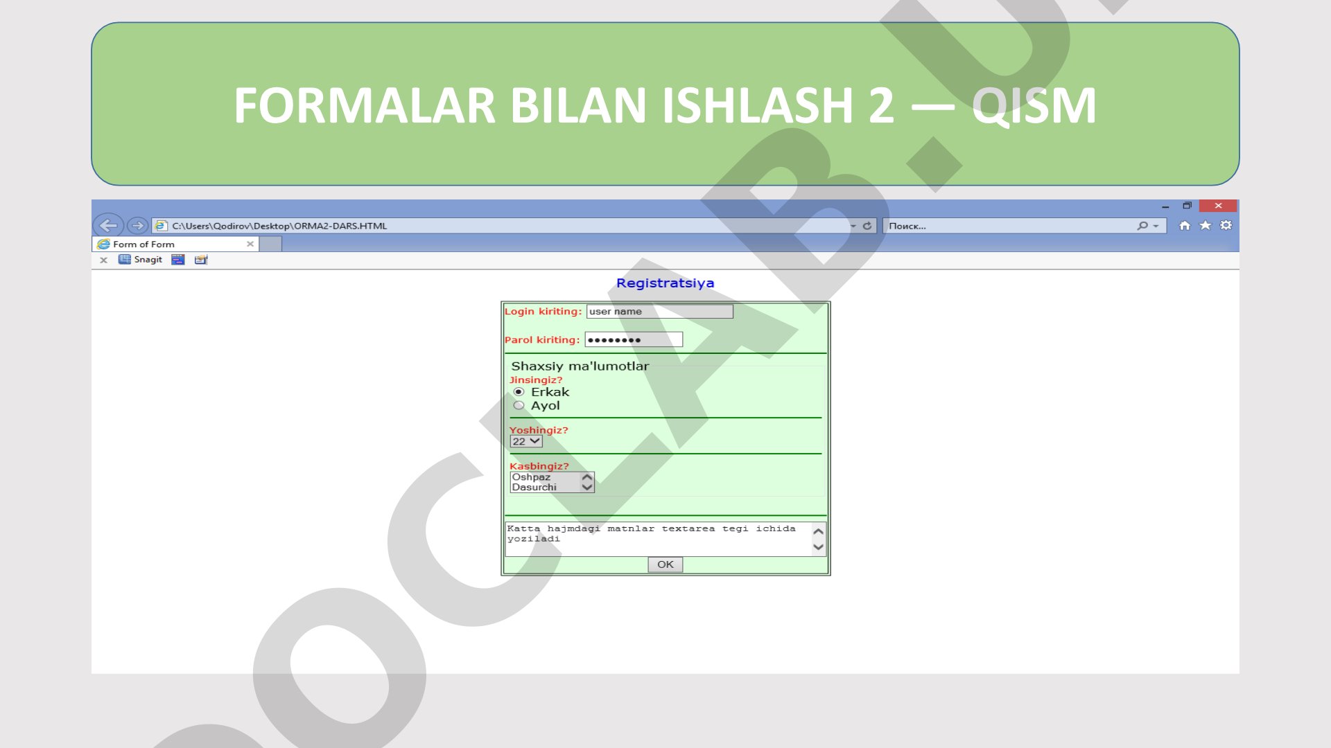 Formalar bilan ishlash 2-qism