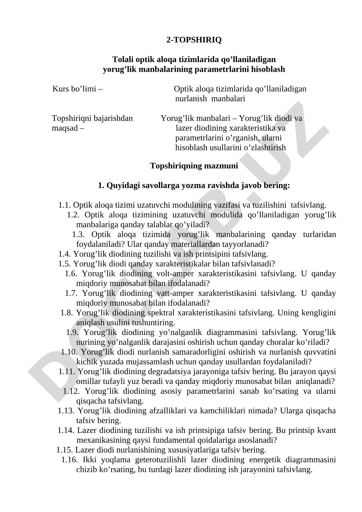 Tolali optik aloqa tizimlarida qo'llaniladigan yorug'lik manbalarining parametrlarini hisoblash