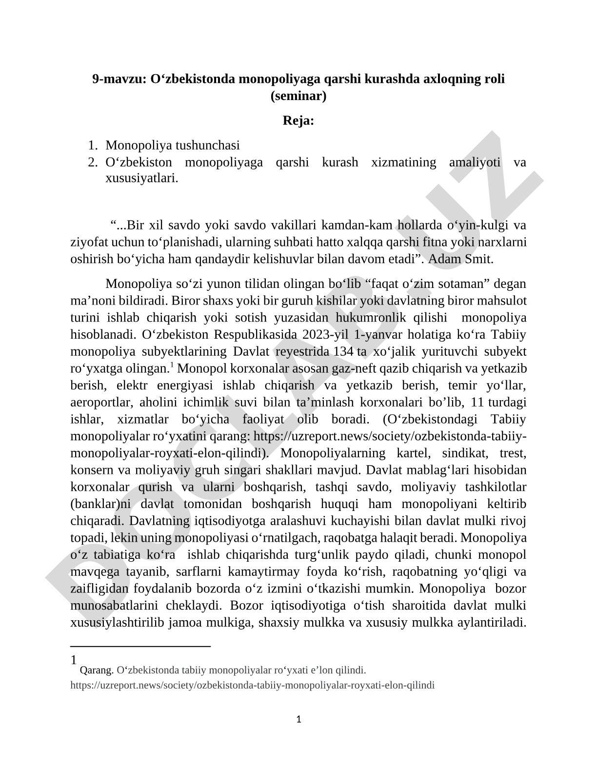 O‘zbekistonda monopoliyaga qarshi kurashda axloqning roli (seminar)