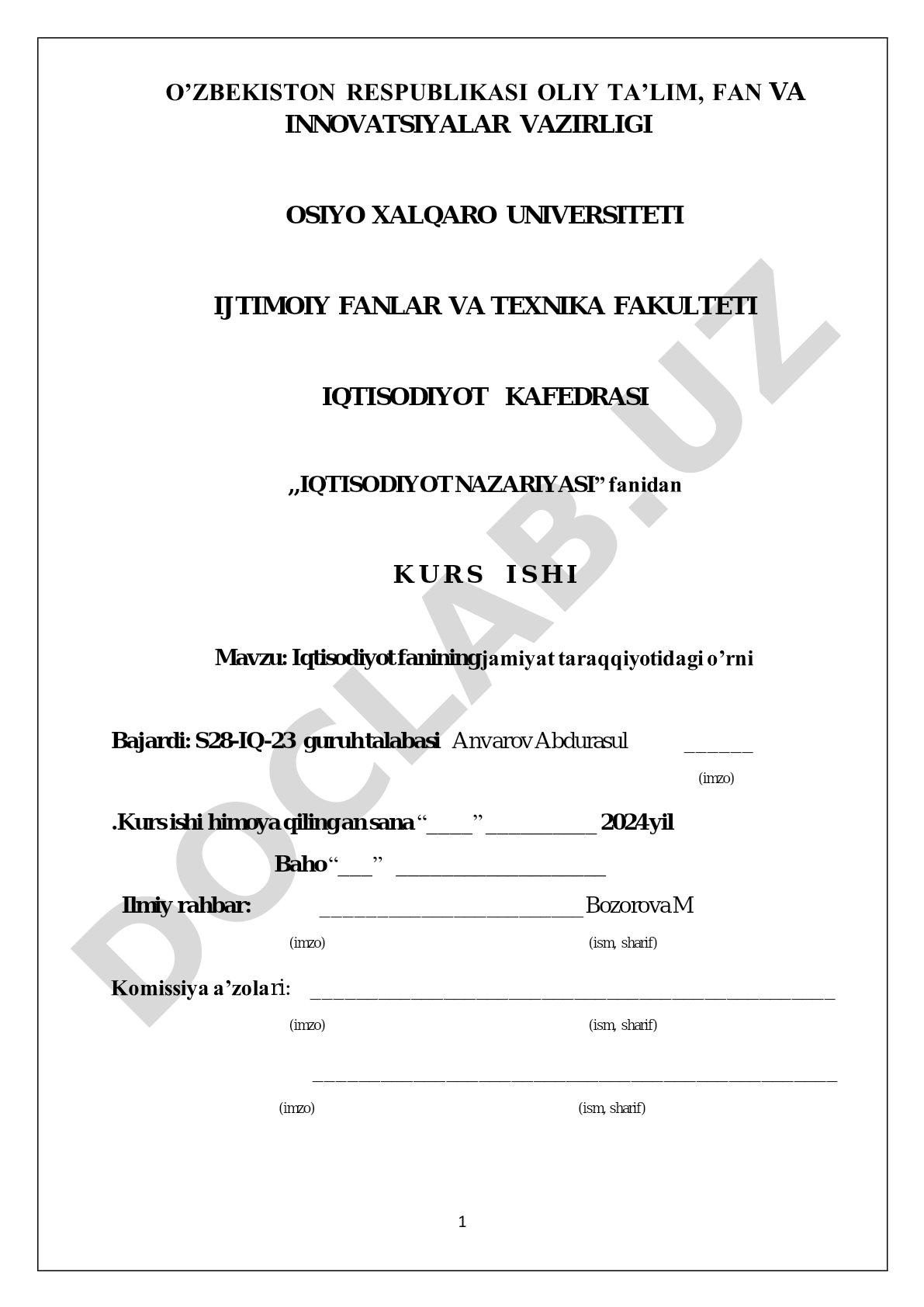 Iqtisodiyot fanining jamiyat taraqqiyotidagi o’rni
