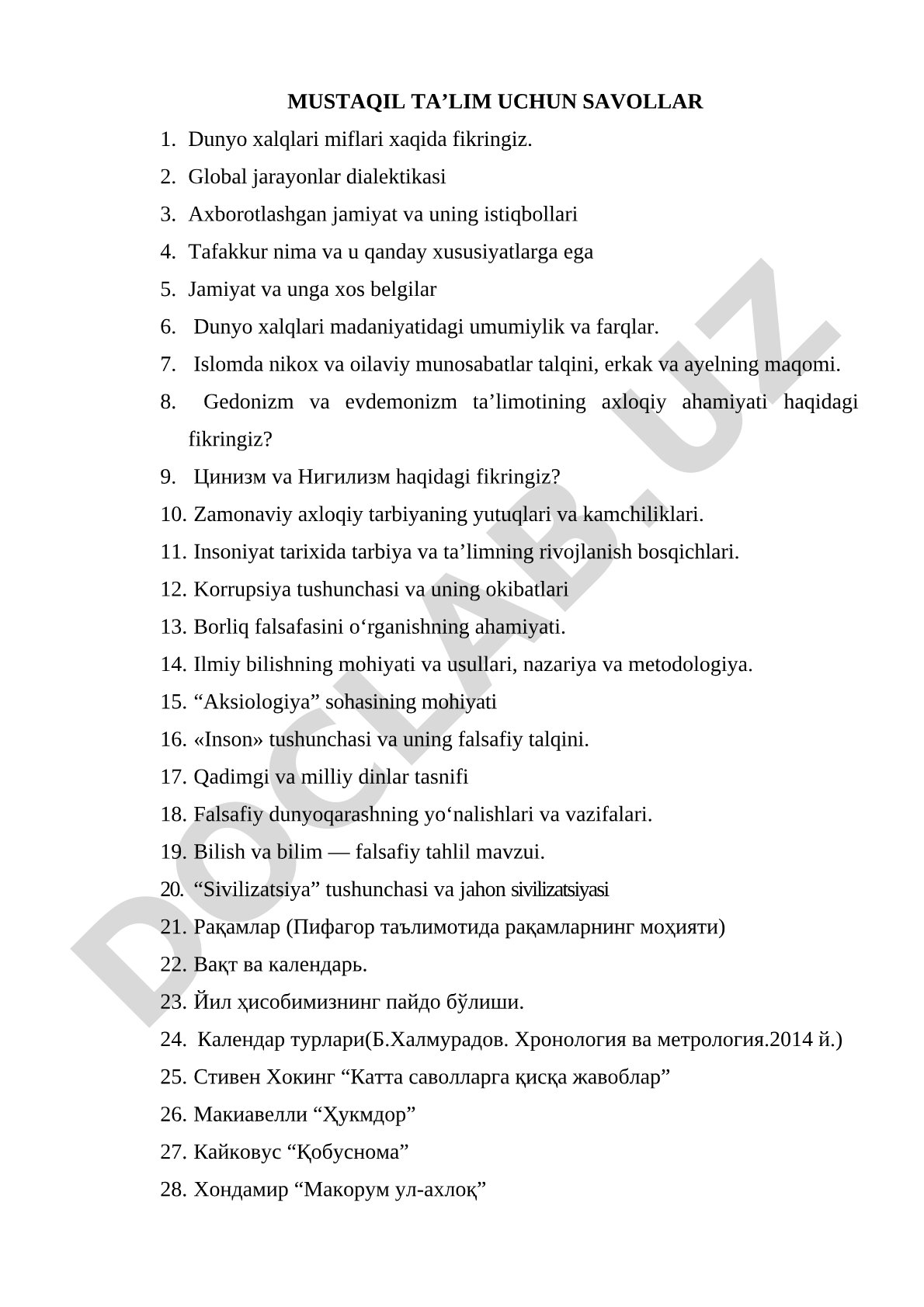 Falsafa, axloq, din va jamiyatga oid mustaqil ta'lim savollari