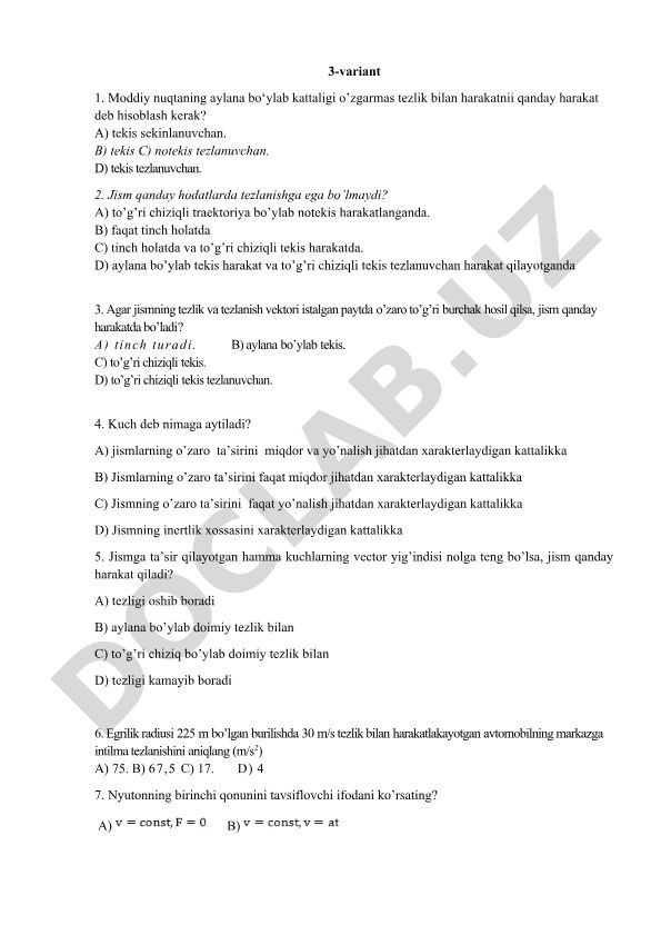 Fizika fanidan test savollari