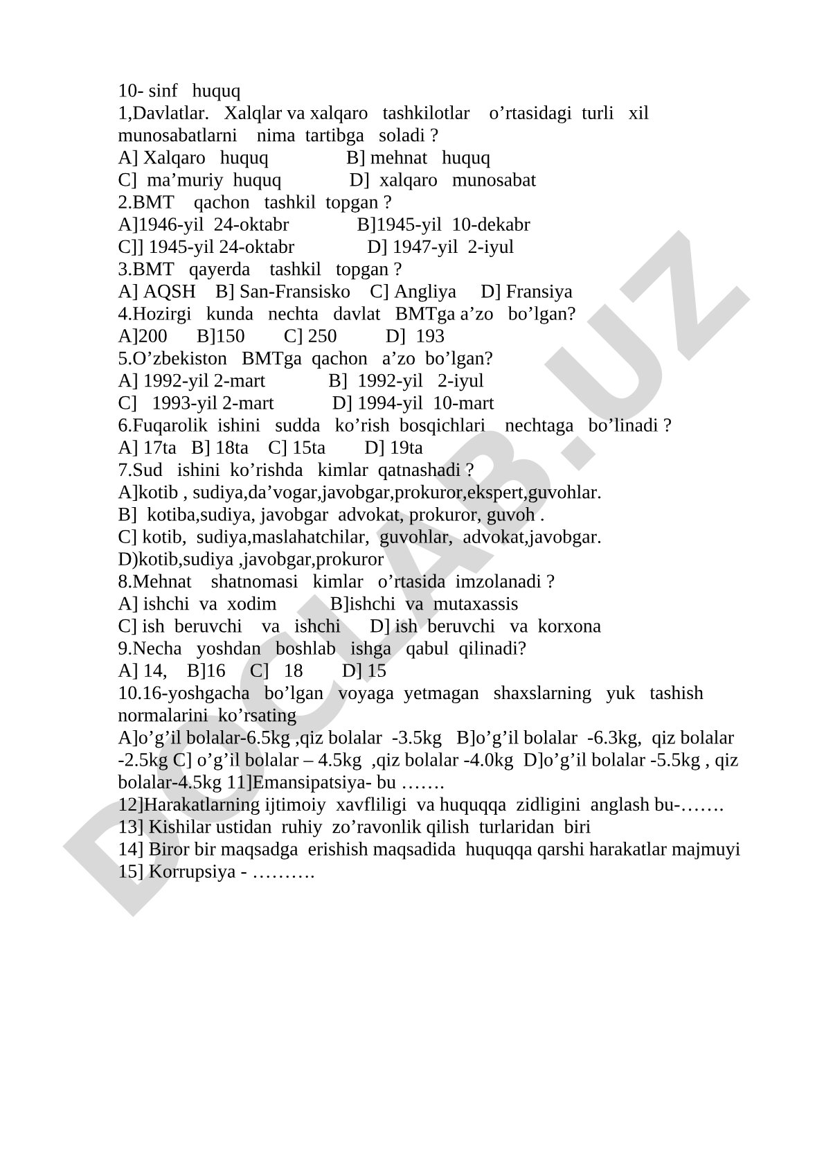 10-sinf huquq fanidan test savollari