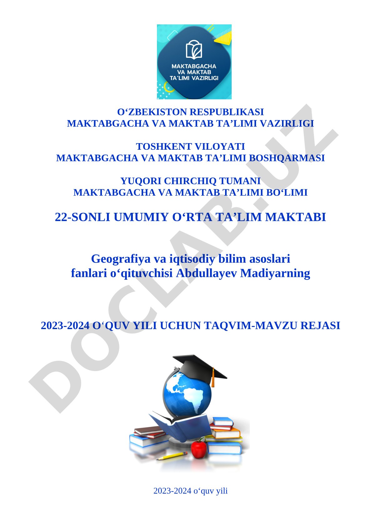 2023-2024 o'quv yili uchun Geografiya fanidan taqvim-mavzu rejasi